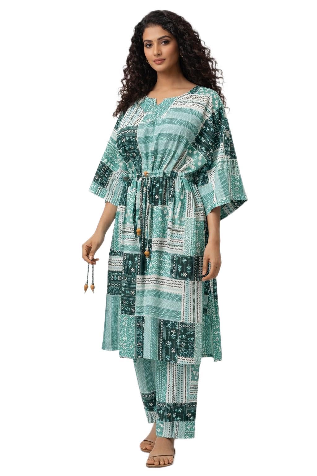 Cotton Kaftan Co-Ord Set | Patchwork Printed Kaftan Top & Straight Pants | Adjustable Drawstring Waist | Relaxed Fit Lounge Wear | Casual Travel Resort Wear Co-Ord Set FREE SIZE FIT (L TO 3XL)-image-32