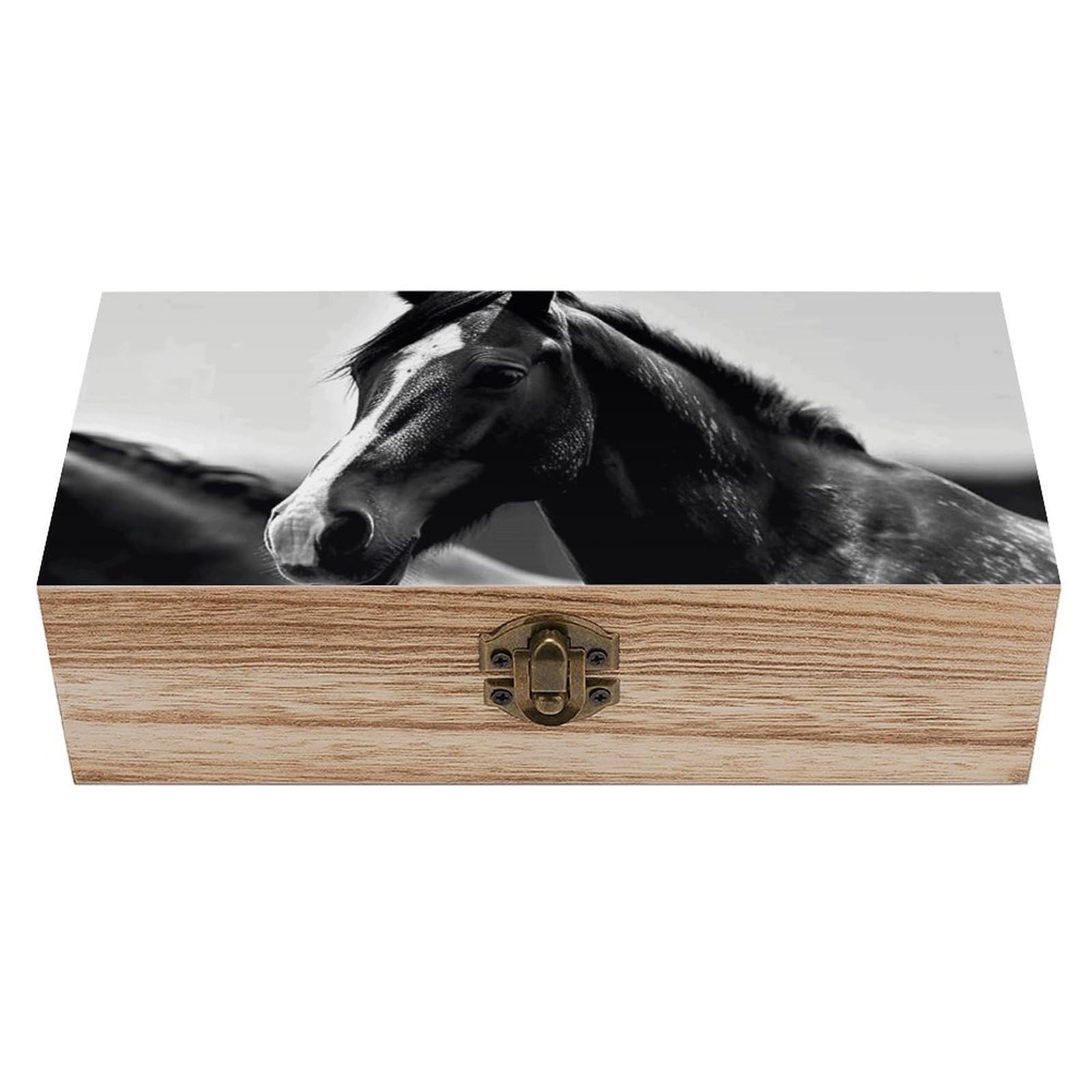 asbwuo Black White Horses Wooden Keepsake Box Storage Boxes with Hinged Lid