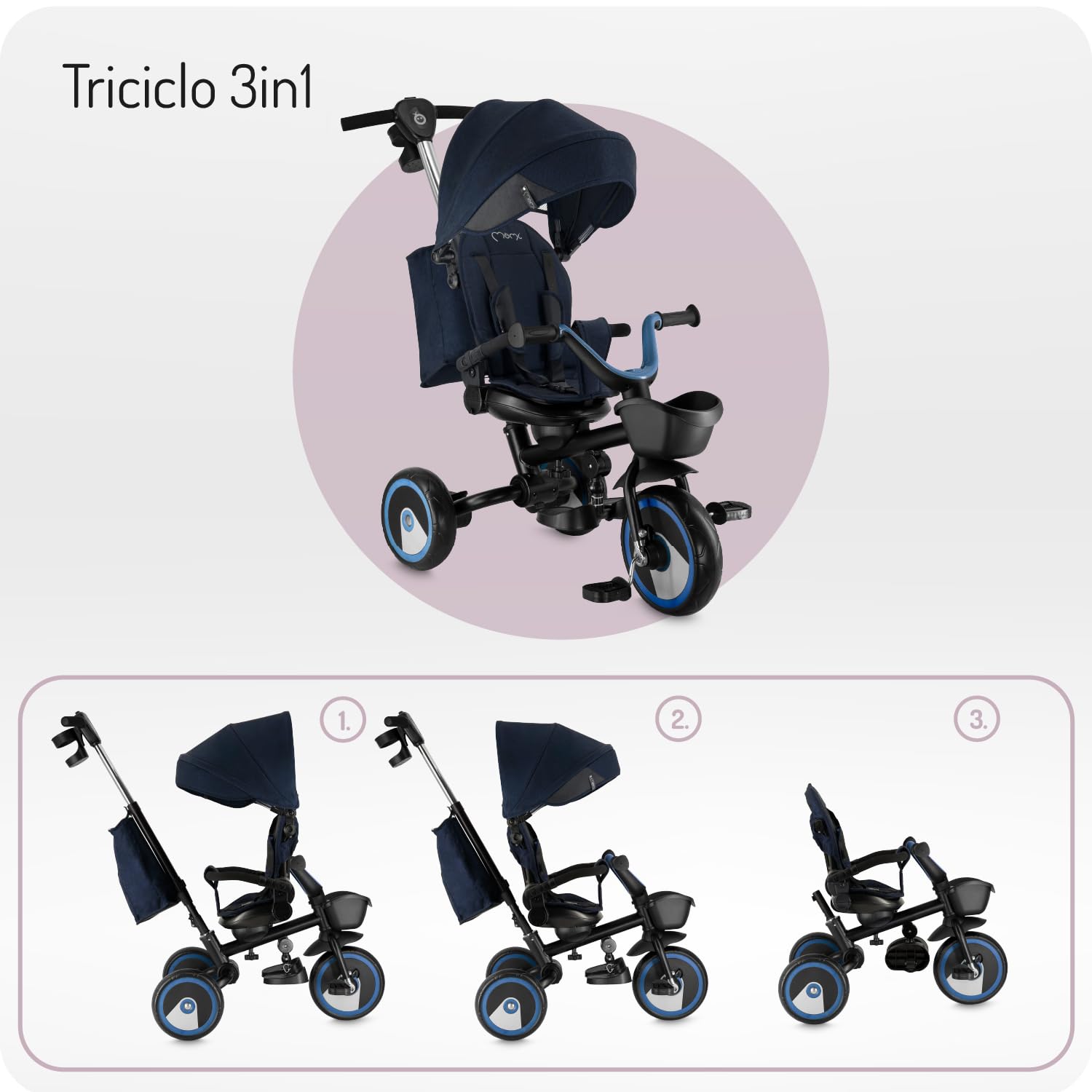 Triciclo per bambini MoMi IVI, seduta girevole 360°, cinture a 3 punti, poggiapiedi, tettuccio parasole, ruote EVA, manubrio regolabile, borsa e cestino portaoggetti