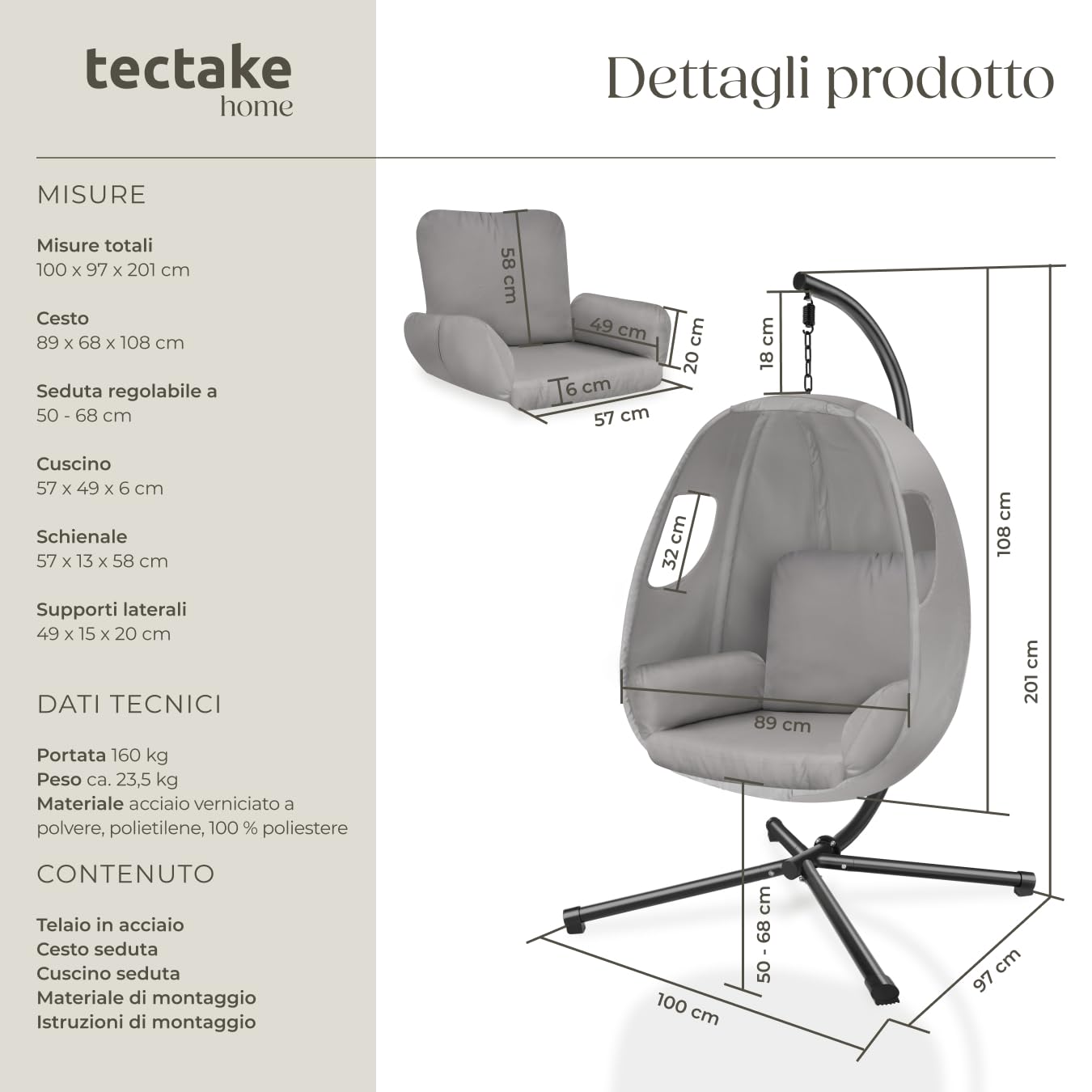 Poltrona Sospesa Girevole Tectake® Con Cuscino Extra Spesso | Per Giardino E Interni, Imbottita E Regolabile - Foto 11