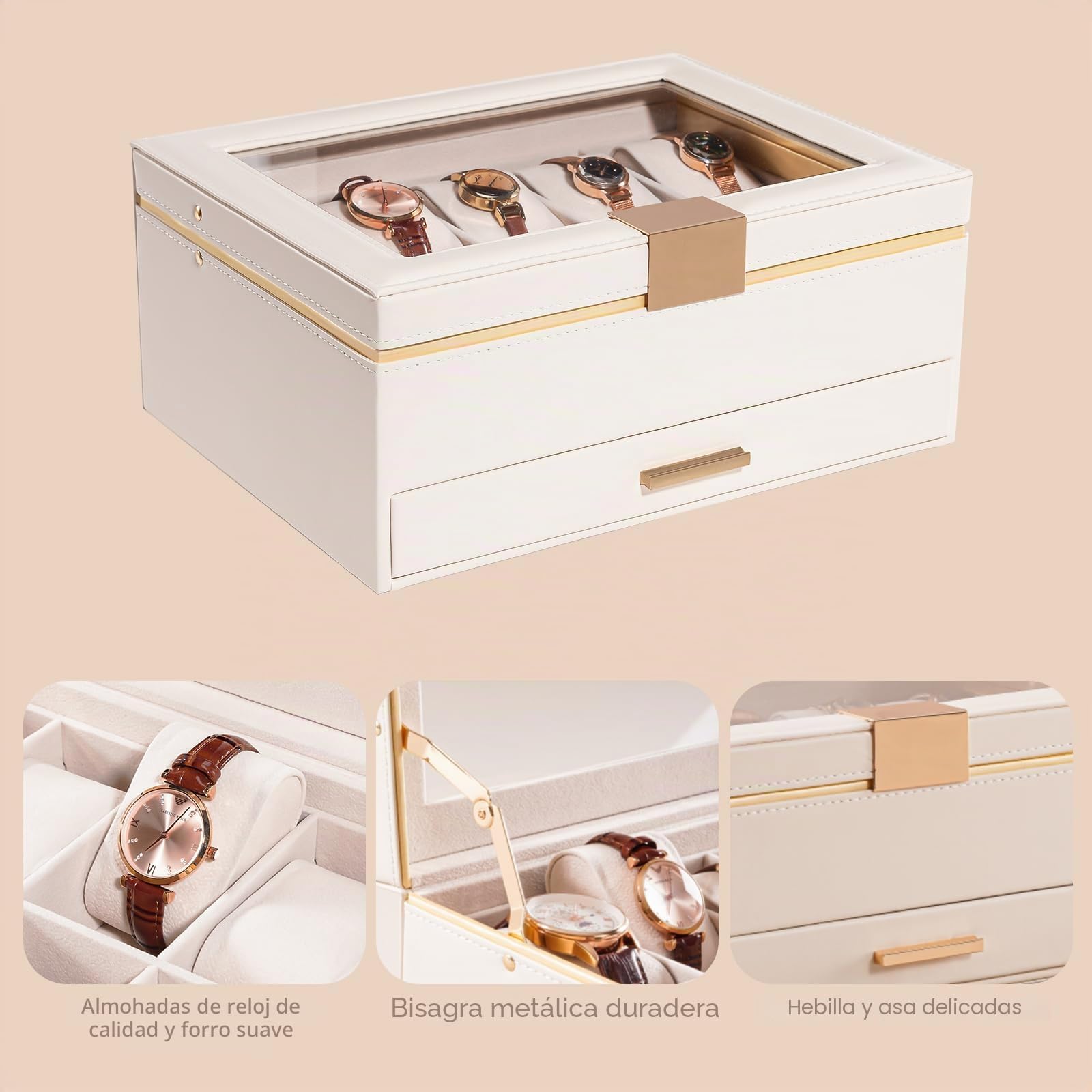 ProCase Caja para Relojes 10 Ranuras, Estuche de Relojes con Cajón Organizador de Reloj con Tapa de Cristal para Mujeres -Crema