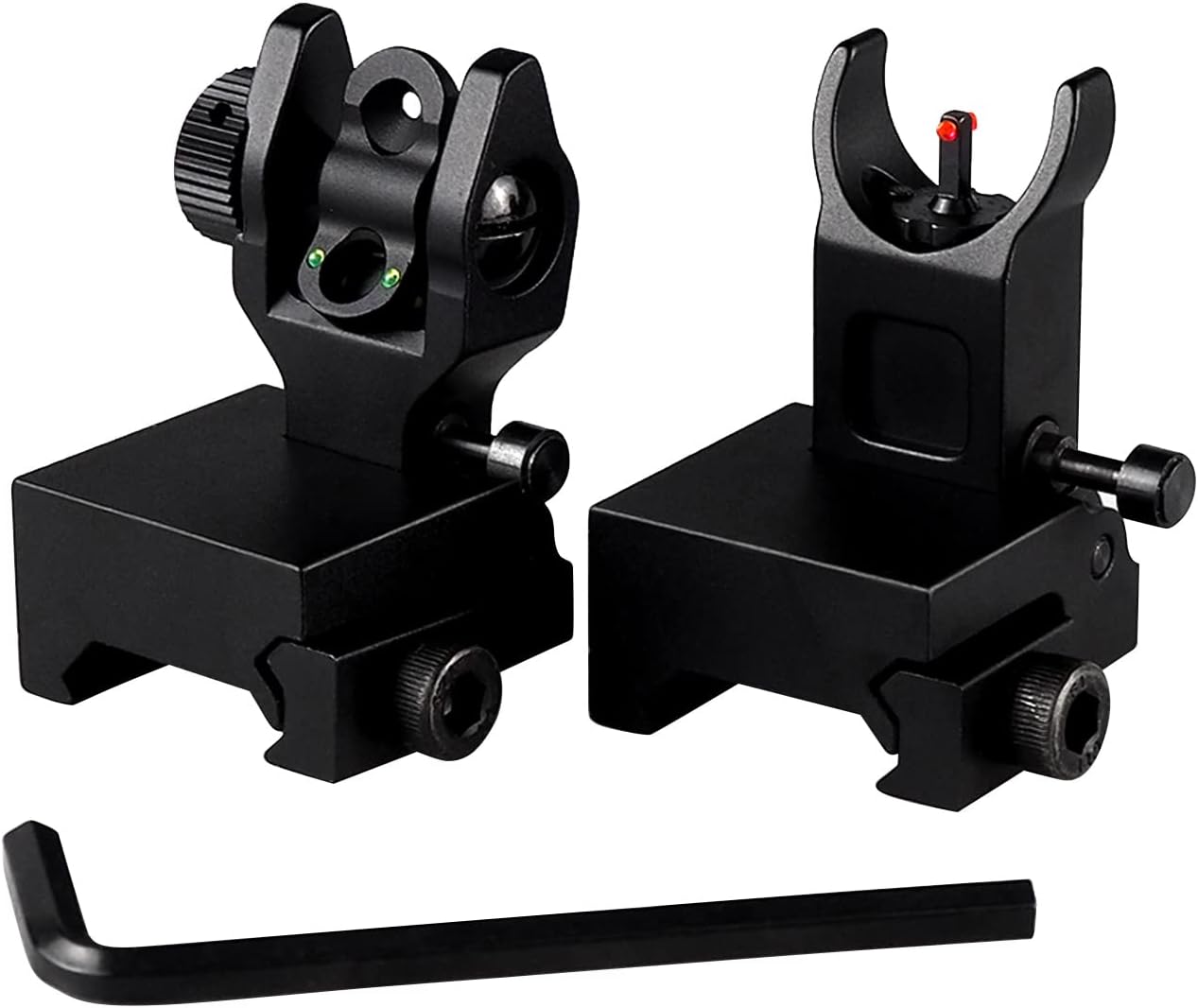 Flip Up Iron Sight Fiber Optic Front Rear Sight Compatible for Picatinny Rail and Weaver Rail of Rifle, Foldable Sights