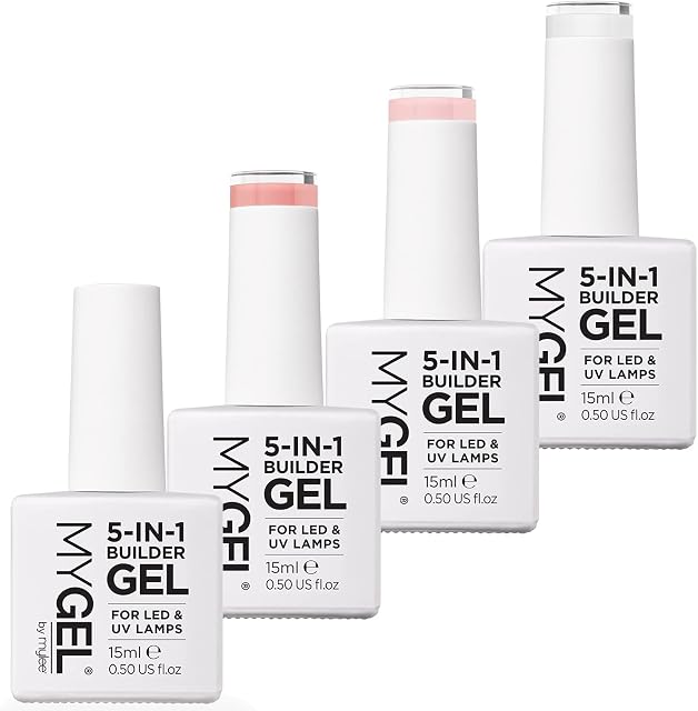 Mylee 5 in 1 Builder Base Strengthening Gel 15ml, UV/LED Nail Polish Coat for Hard Strong Nails Tips & Extensions, For Nail Art Decoration, Decals & Jewels, Professional Manicure Repair (All Shades)