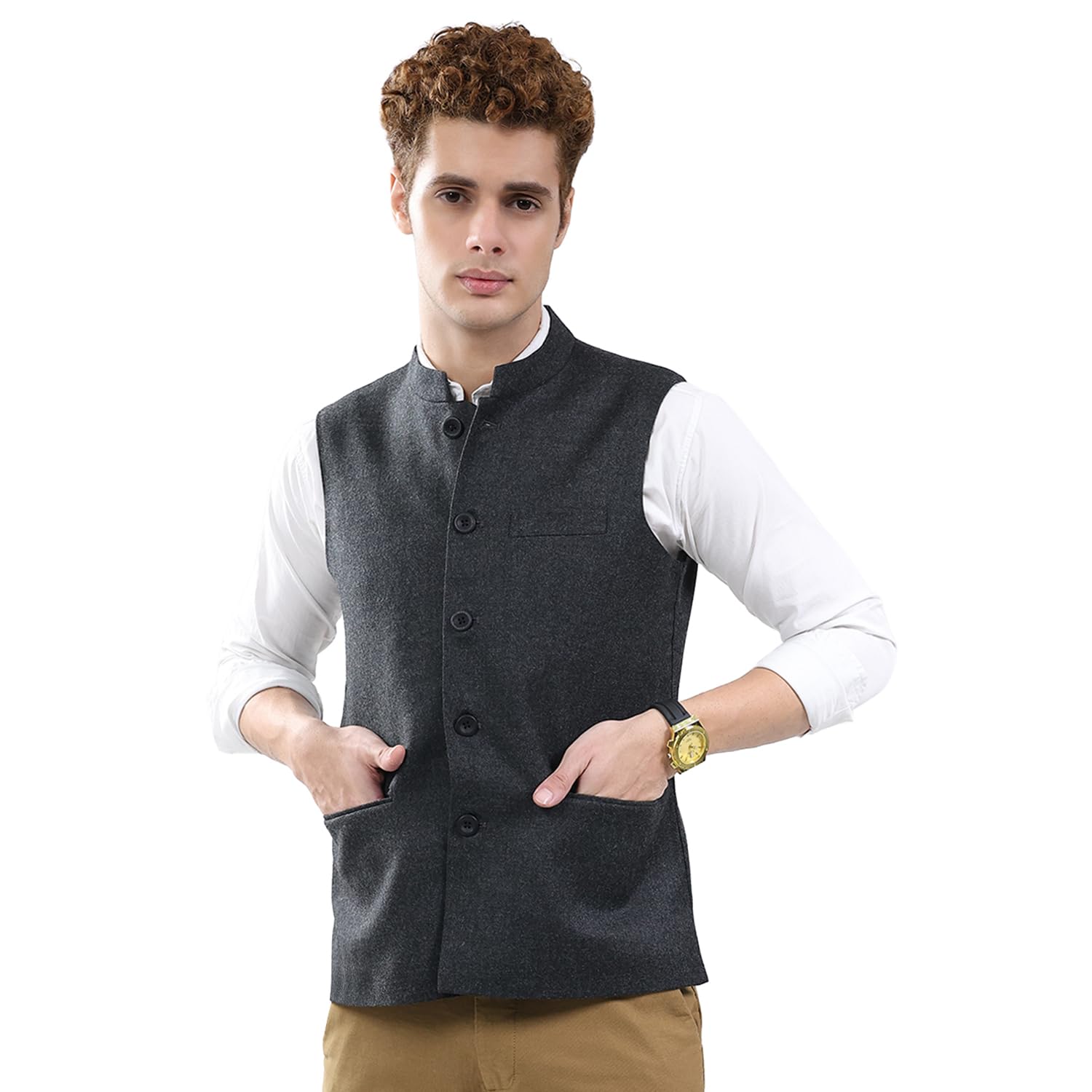 Men’s Regular Fit Sleeveless Jacket | Band Neck | Solid Pattern | Button Closure | Cozy Winter Wear | Casual Layering Vest for Outdoor & Daily Fashion