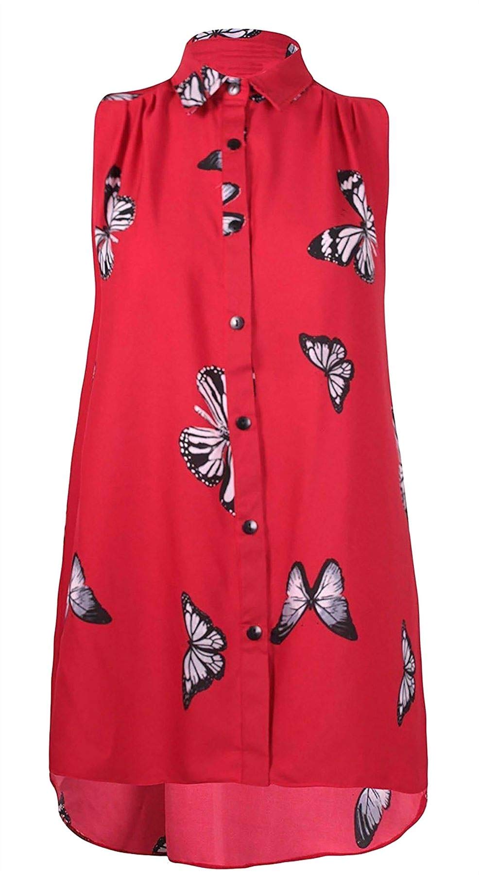 Womens Plus Size Chiffon Butterfly Design Ladies Sleeveless Uneven Hem Shirt Top Red 16