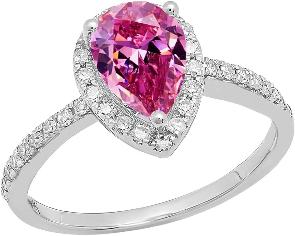 Dazzlingrock Collection 10X7 mm Pear Lab Created Gemstone & Natural Round White Diamond Ladies Halo Teardrop Engagement Ring, 14K White Gold