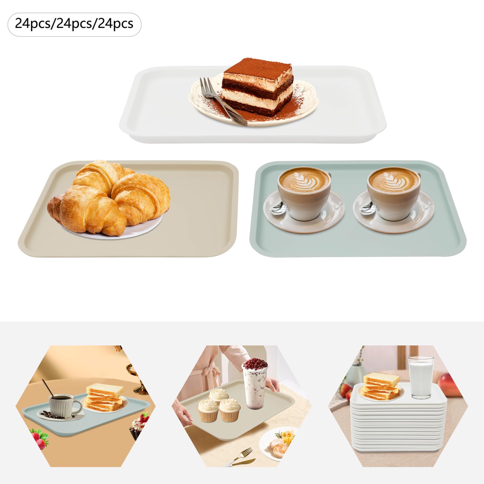 Fast Food - Vassoio da portata 72 pezzi, per gastronomia, caffetteria, superficie antiscivolo, infrangibile e lavabile in lavastoviglie, 36 x 27 x 2 cm, colore: Blu/Cachi/Bianco