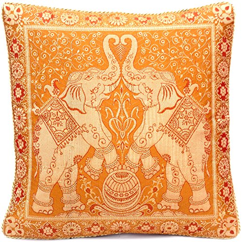 Indische Seide Goldene Braun Deko Kissenbezüge 40 cm x 40 cm, Extravaganten ELEFANT Design für Sofa & Bett Dekokissen…