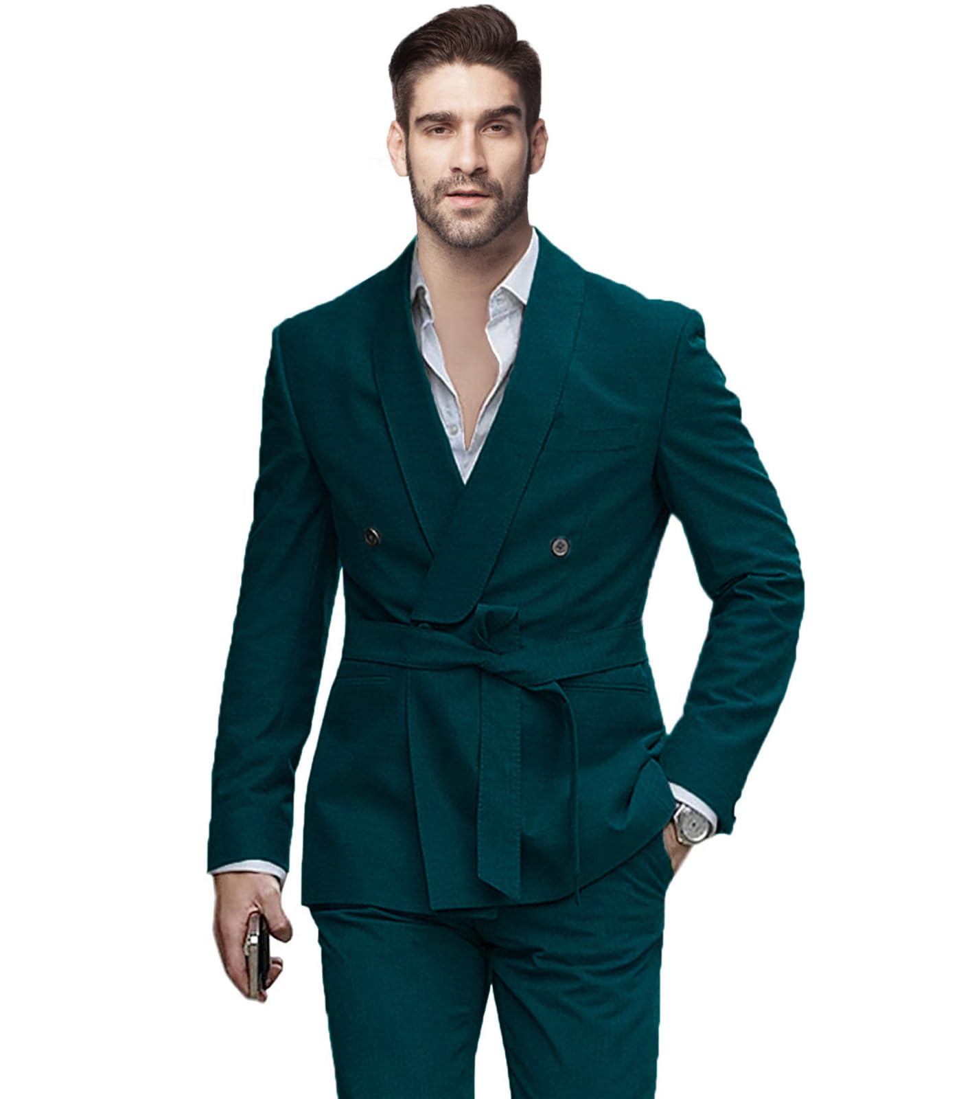 Apornipal Men's 2 Pieces Suit Shawl Lapel Double Breasted Tuxedos with Belt Casual Jacket Pants Set