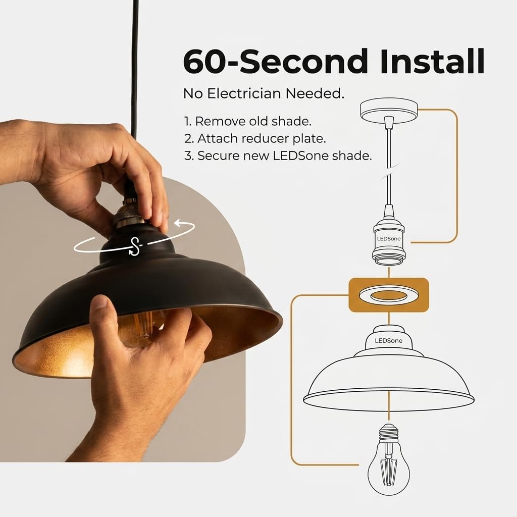 LEDSone Retro vintage style Ceiling Pendant Light semi curvy lamp shade durable rust-free metal easy fit design Farmhouse Light Bulb Guard Lighting for Kitchen Island (Black Inner Gold)