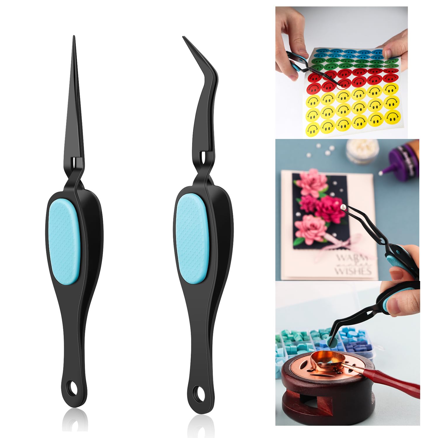 OTCRAFT 2 Pcs Reverse Tweezers Craft Tweezers Crossing Lock Tweezers Reverse Grip Precision Curved Bent Straight Tweezers Fine Tip for DIY Craft Rhinestones and Small Embellishments