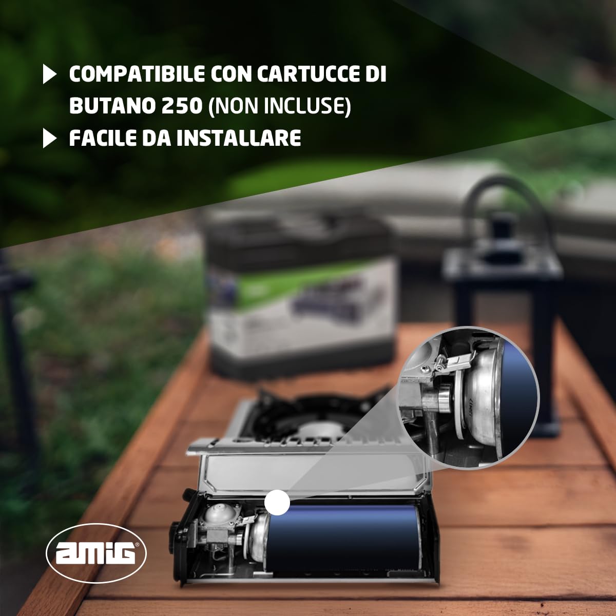 Amig - Fornello da campeggio a gas CAMP01 - Cucina portatile - 2,2 kW di potenza - Paravento e supporto per padella - Certificazione CE - Compatibile con cartucce CP-250 - Per campeggio ed escursioni