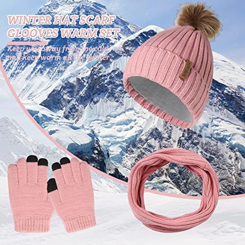 Alviller 3Pcs Winter Knitted Hat Scarf Gloves Set, Warm Beanie Pompom Cap Circle Neck Scarf Touchscreen Mitten kit Cold Weather Outdoor Accessories for Men Women