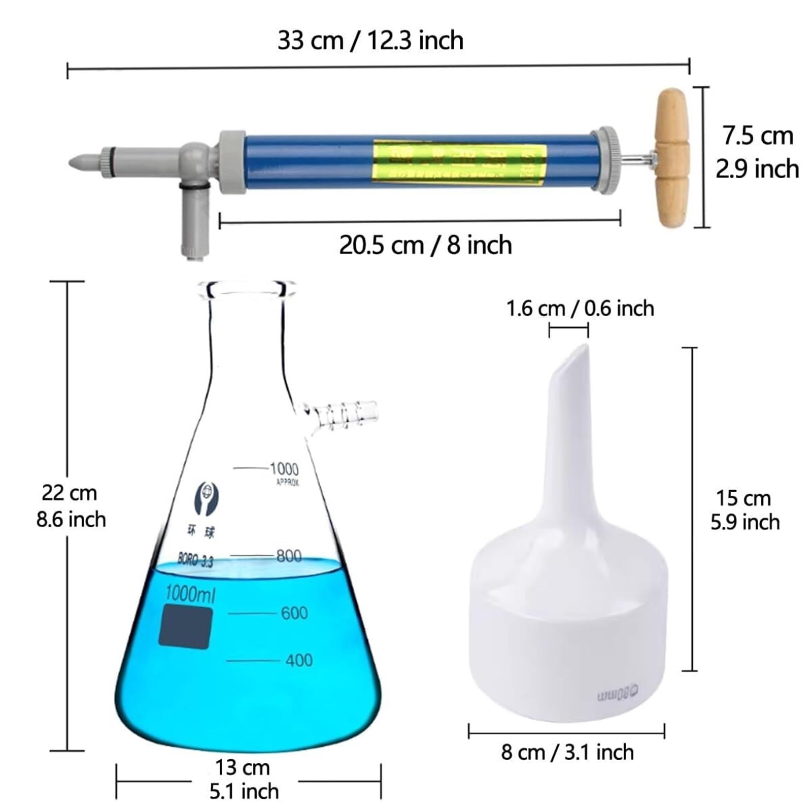 Laboratoryjny zestaw filtrów próżniowych: lejek Buchner | Szklane urządzenia do filtracji/destylacji próżniowej. Lejek Buchner, ręczna pompa próżniowa, kolba filtrująca (500 ml)