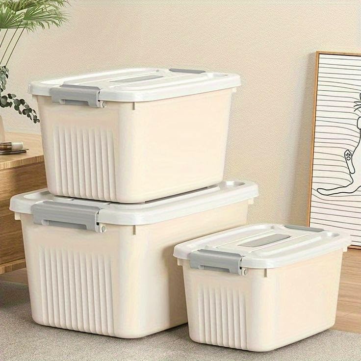 Image of Ash & Roh Plastic Storage Box /Bin /Container with Locking Lid - Sturdy and Versatile Home Organizer, Available in Multiple Size. (1, CREAM, small-17cm X25cm X13 cm)