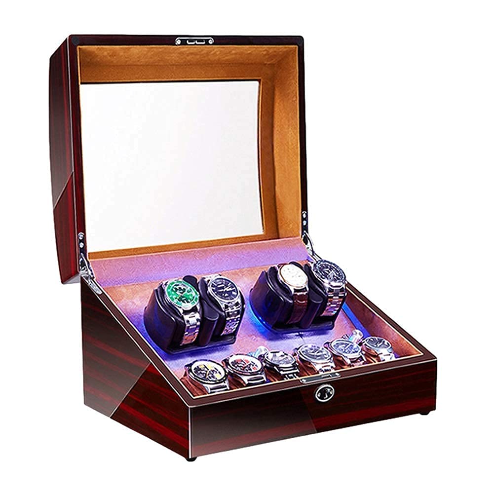 NZPOST Automatic Watch Winder for 4 Watches + 6 Storage Soft Watch Pillow LED Illumination Super Quiet Motor AC Adapter and Battery Powered