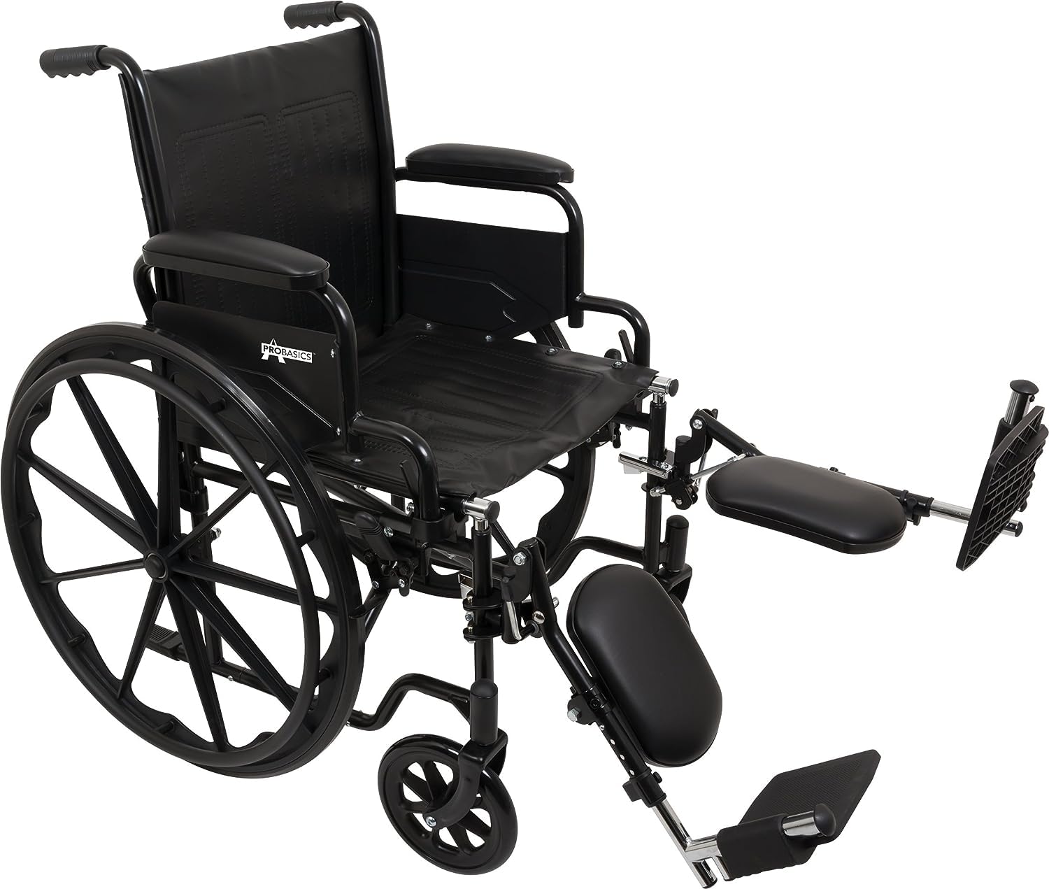 ProBasics Standard Wheelchair - Flip Back Desk Arms - 250 Pound Weight Capacity - Black - Elevating Leg Rest - 20" x 16" Seat