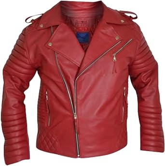 Red Leather Jacket For Men Biker - Real Leather Sheepskin Fit Quilted Padded Design Genuine Slim Biker Asymmetrical Jacket