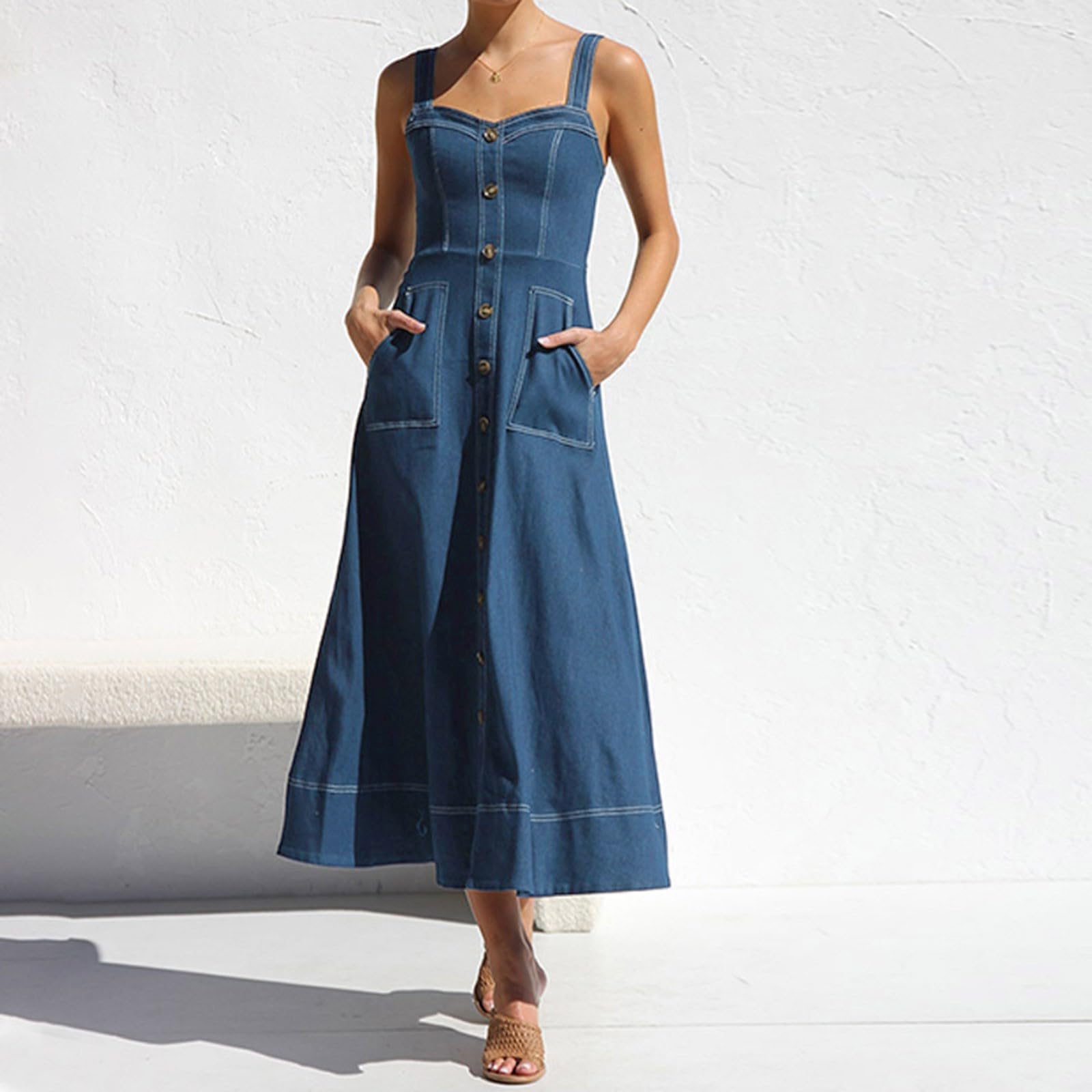 Vestido Largo Mujer Tirantes Desgastado Estilo Casual Botones Vaquero. Falda Denim para Verano. Vestidos Verano Mujer Moderno.
