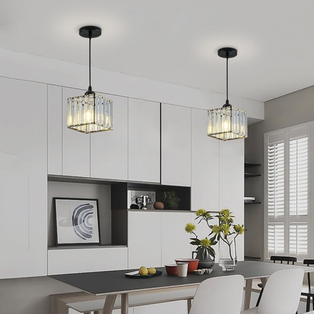 Crystal Light Modern Nordic Lighting Crystal Hanging Chaner Height Adjustable Light Fixtures for Kitchen Island Dinning Room Bedroom (1 Pack) (Black Square)/Black/Square