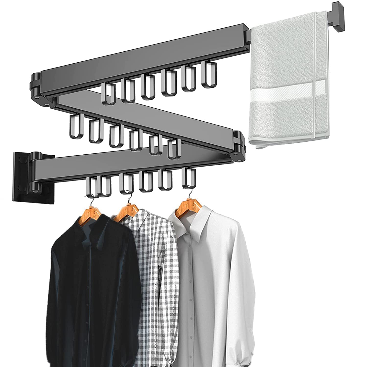 BLURISM Clothes Drying Rack Wall Mounted Laundry Clothes Dryer, Extendable Garment Hanging Hanger 18 Hooks Stainless Steel Movable Wall Drying Rack Clothing with 360° Swivel Towel Bar Balcony Bathroom