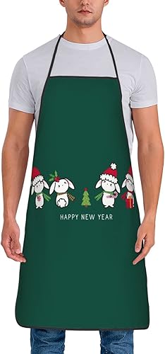 Miniatura 2 de ZGVDVZ Delantal de feliz año nuevo del conejo para mujeres y hombres, delantales de cocina de Navidad resistentes al agua con correas ajustables