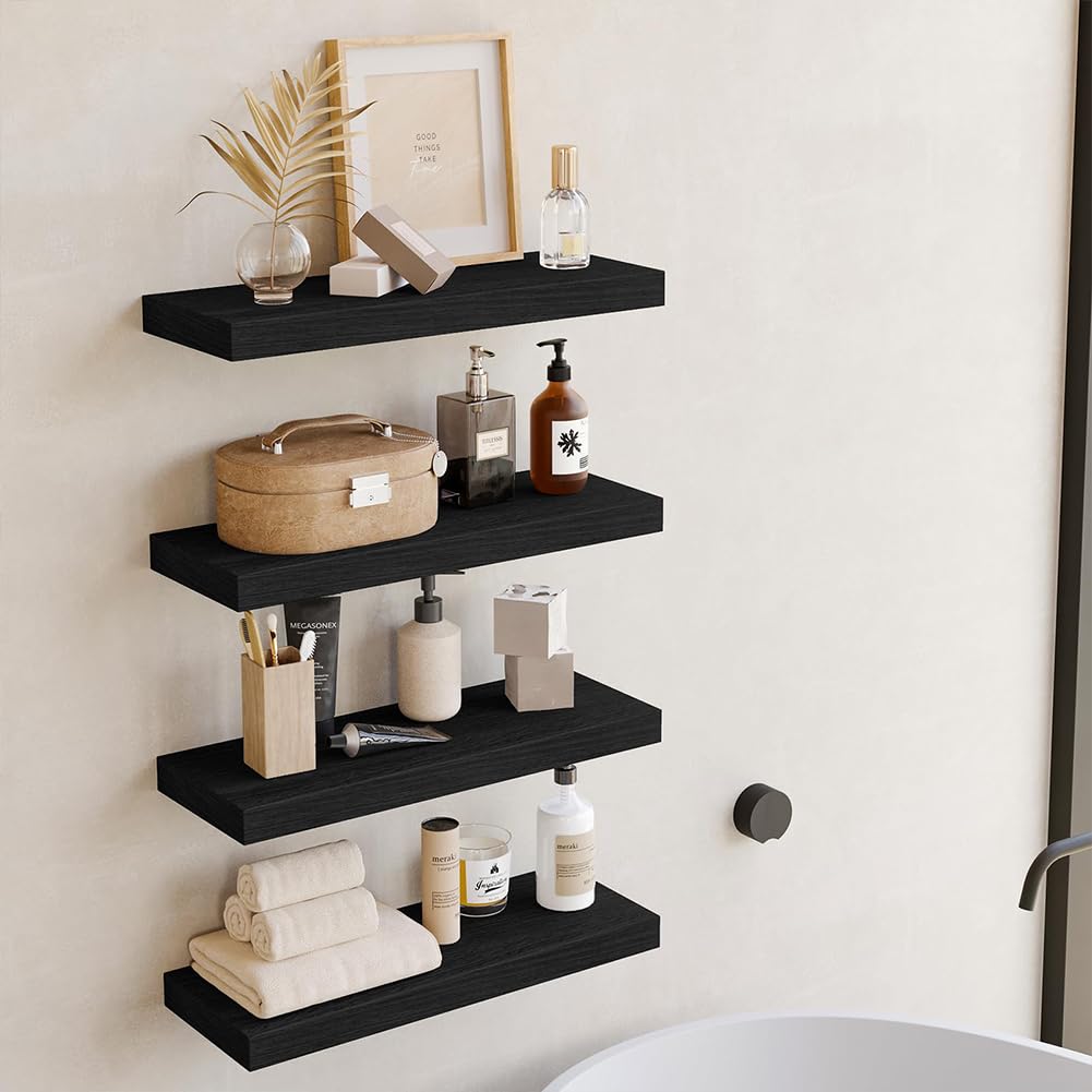 BAKAJI Lot de 4 étagères murales en Bois Massif, étagères murales Multi-usages avec Supports rétractables en métal, étagères pour Chambre à Coucher, Salon, Cuisine, Salle de Bain, 40 x 14 x 3 cm