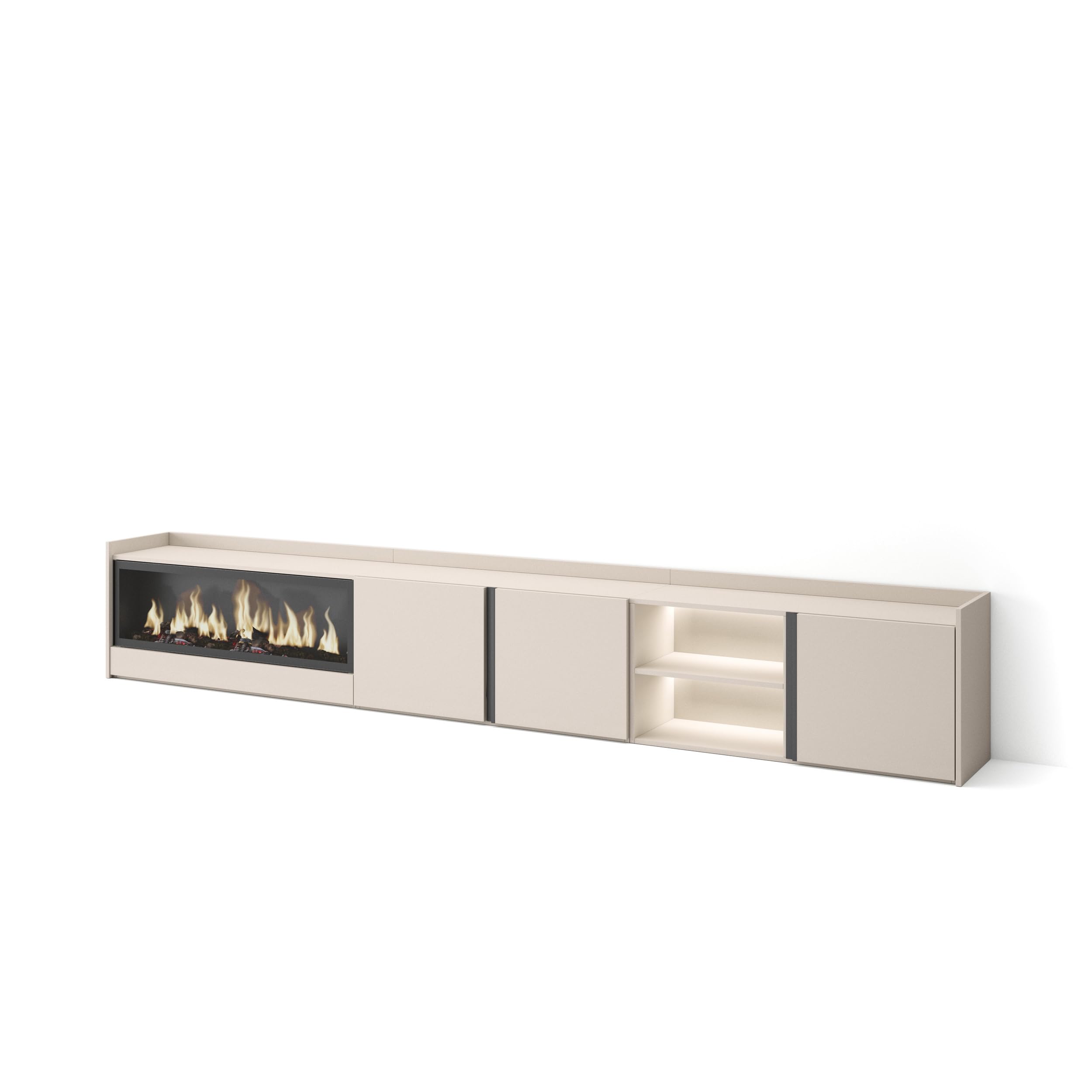 Skraut Home | Mobile TV Soggiorno | Ampio spazio a disposizione | 315x50x35 cm | Per TV fino a 80" | Camino elettrico XXL | LED | Stile moderno | Beige