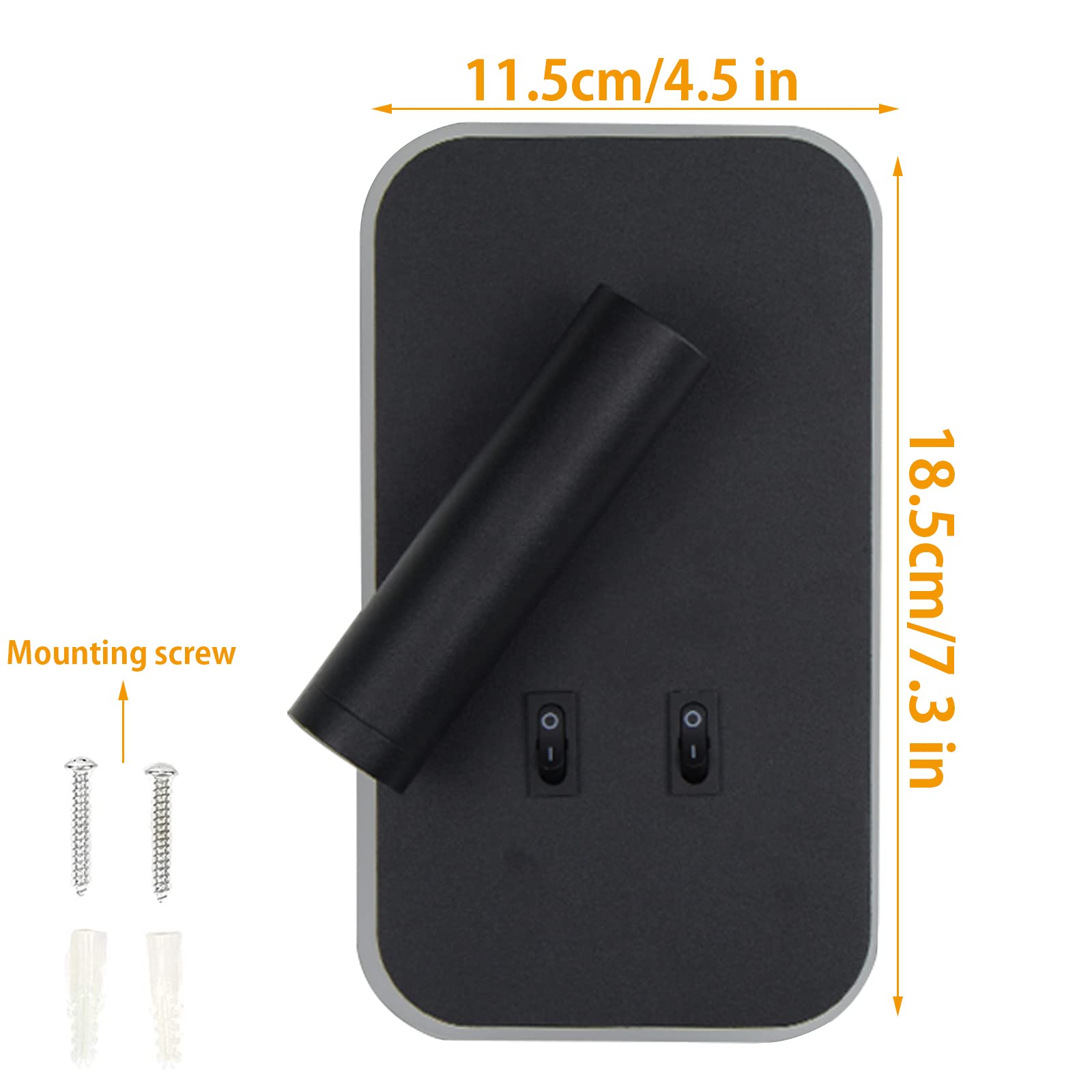 Applique LED, applique de lecture de chevet, liseuses murales LED 12W, spot orientable （3W + 9W 3000K lumière chaude） (rectangle noir 2PCS)