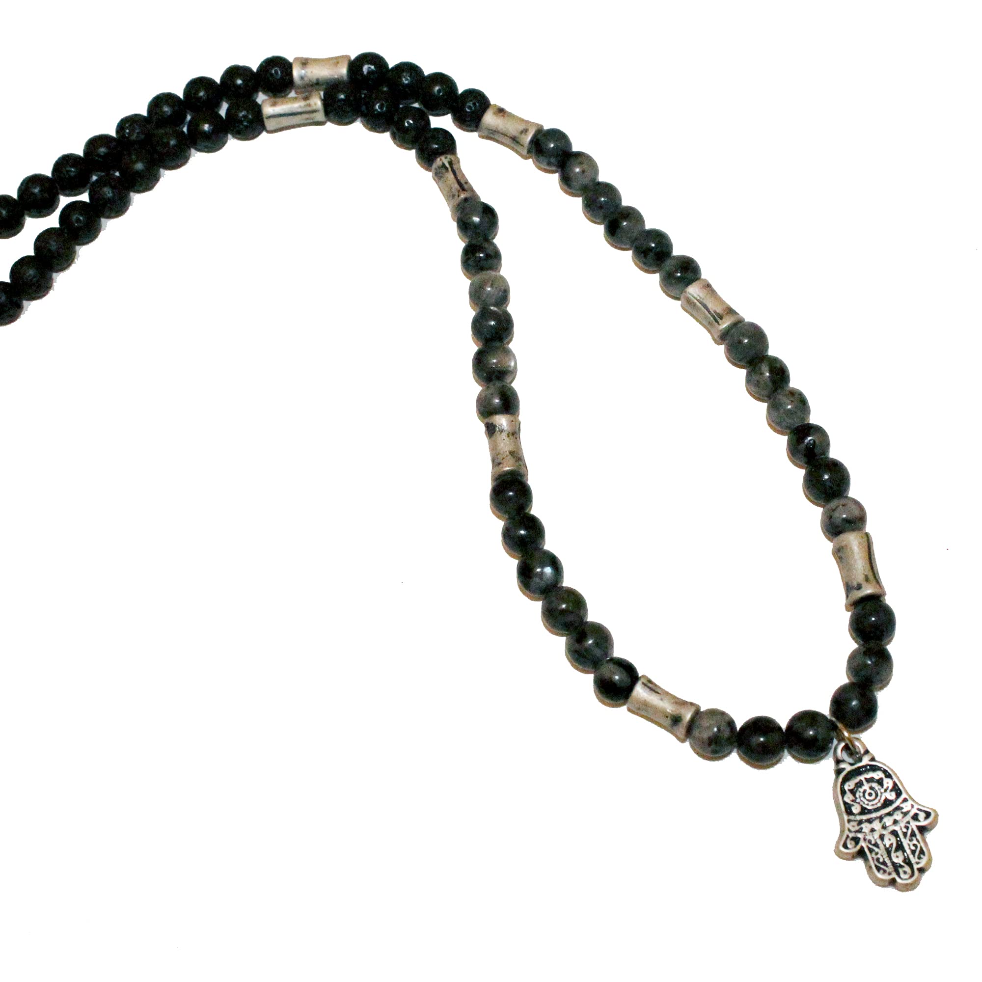 Men’s Labradorite Necklace - 19.5 Inch Grey Gemstone Mala - Small Silver Hamsa Pendant - Tribal Boho Protection Gift for Him