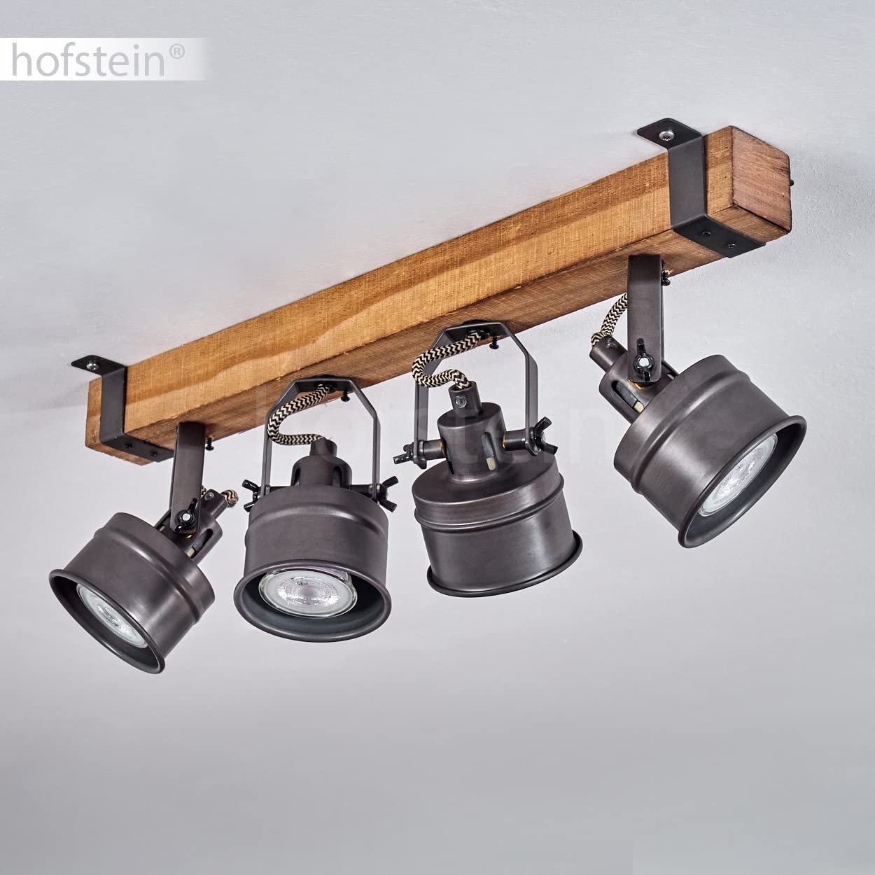 HOFSTEIN Deckenleuchte Pehefito, verstellbare Deckenlampe aus Metall/Holz in Schwarz/Braun, Leuchte im Industrial/Retro/Vintage-Design mit Holzbalken, 4 x GU10, Wohnzimmer, Esszimmer, Schlafzimmer