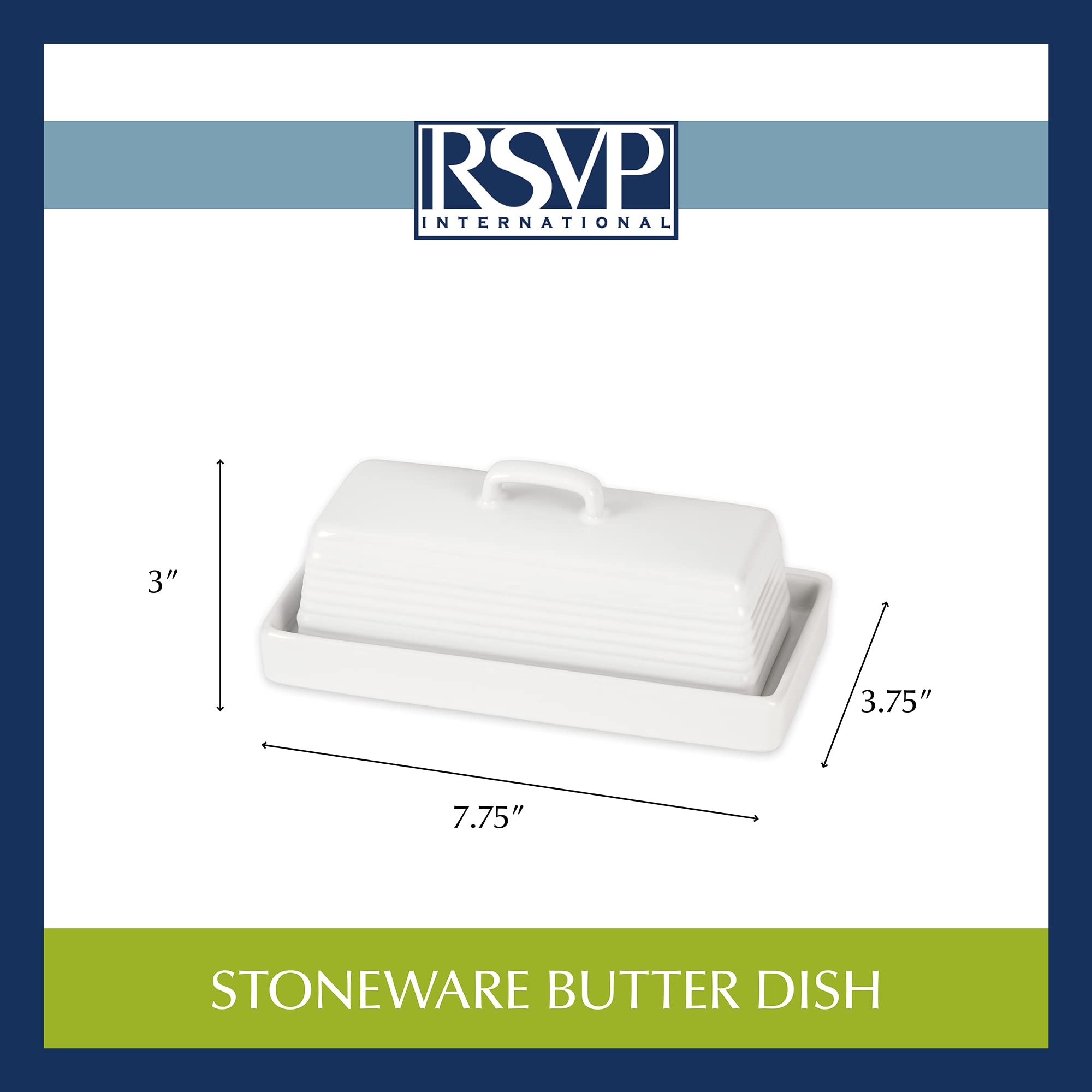 RSVP International Beurrier en grès avec couvercle pour comptoir de cuisine et table, 19,7 x 9,5 x 7,6 cm, blanc