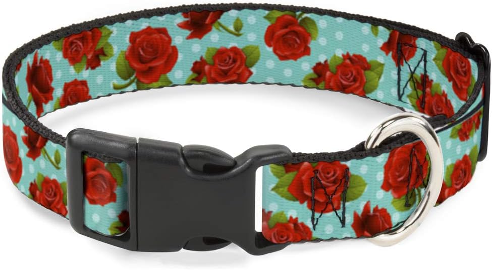 Buckle-Down 18-32" Red Roses/Polka Dots Turquoise Plastic Clip Collar, Wide Large