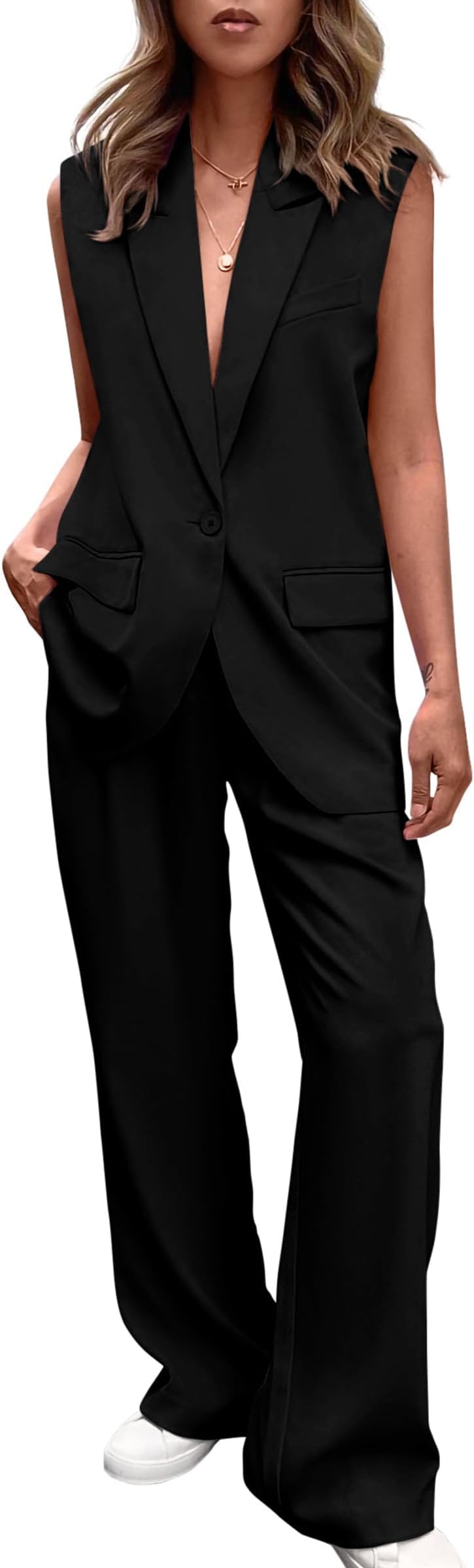 Women's 2 Piece Outfits Sleeveless Suit Vest and Wide Leg Pants Business Casual Blazer Sets