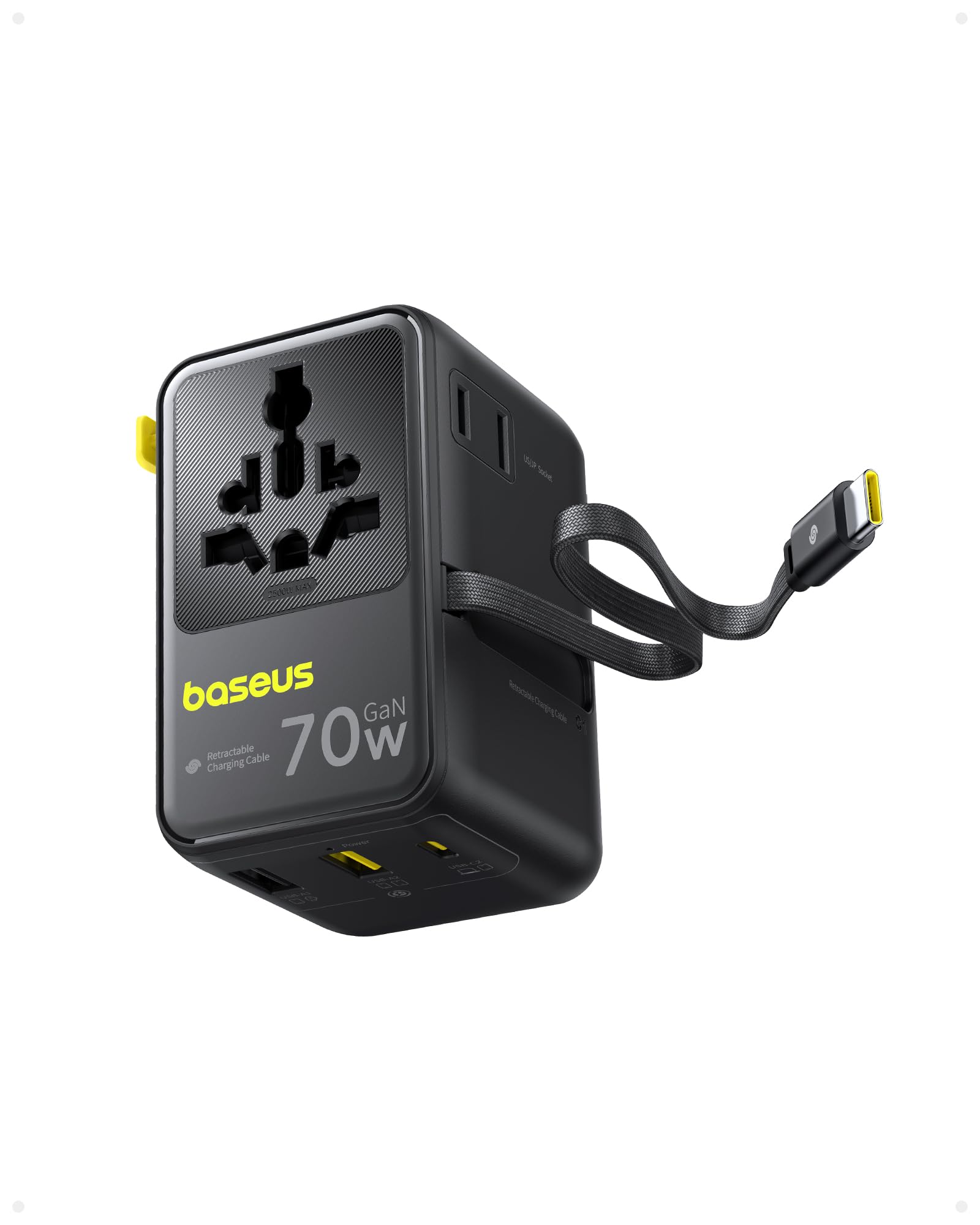 Baseus Enercore 70 W adapter podróżny na całym świecie z wysuwanym kablem, uniwersalna wtyczka podróżna z 2 AC+2 USB A+USB C, międzynarodowy adapter gniazdka, do USA, Anglii, Japonii, Tajlandii