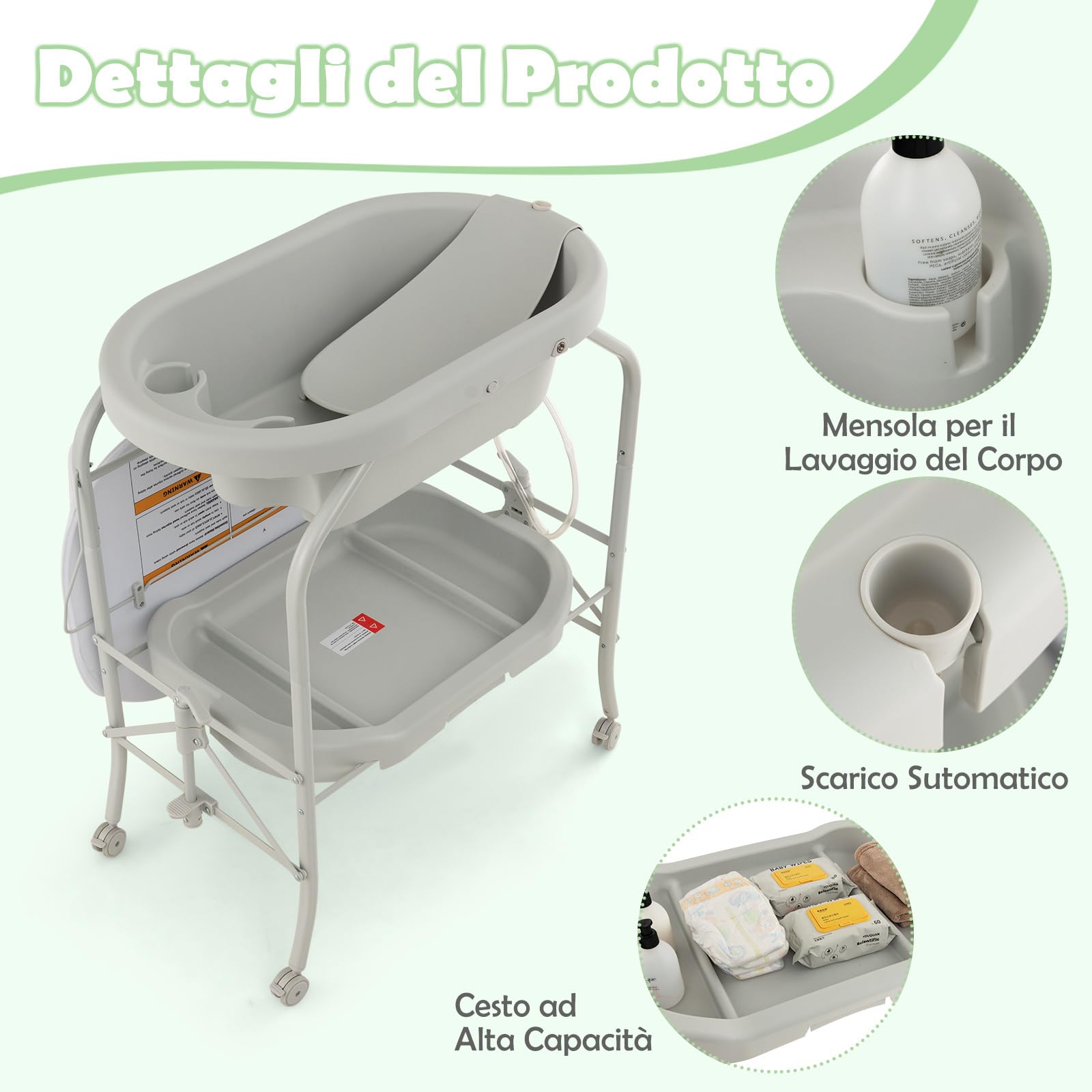 COSTWAY Fasciatoio con Vaschetta Bagnetto 2 in 1, Vasca da Bagno Pieghevole per Bambini, Grigio Chiaro