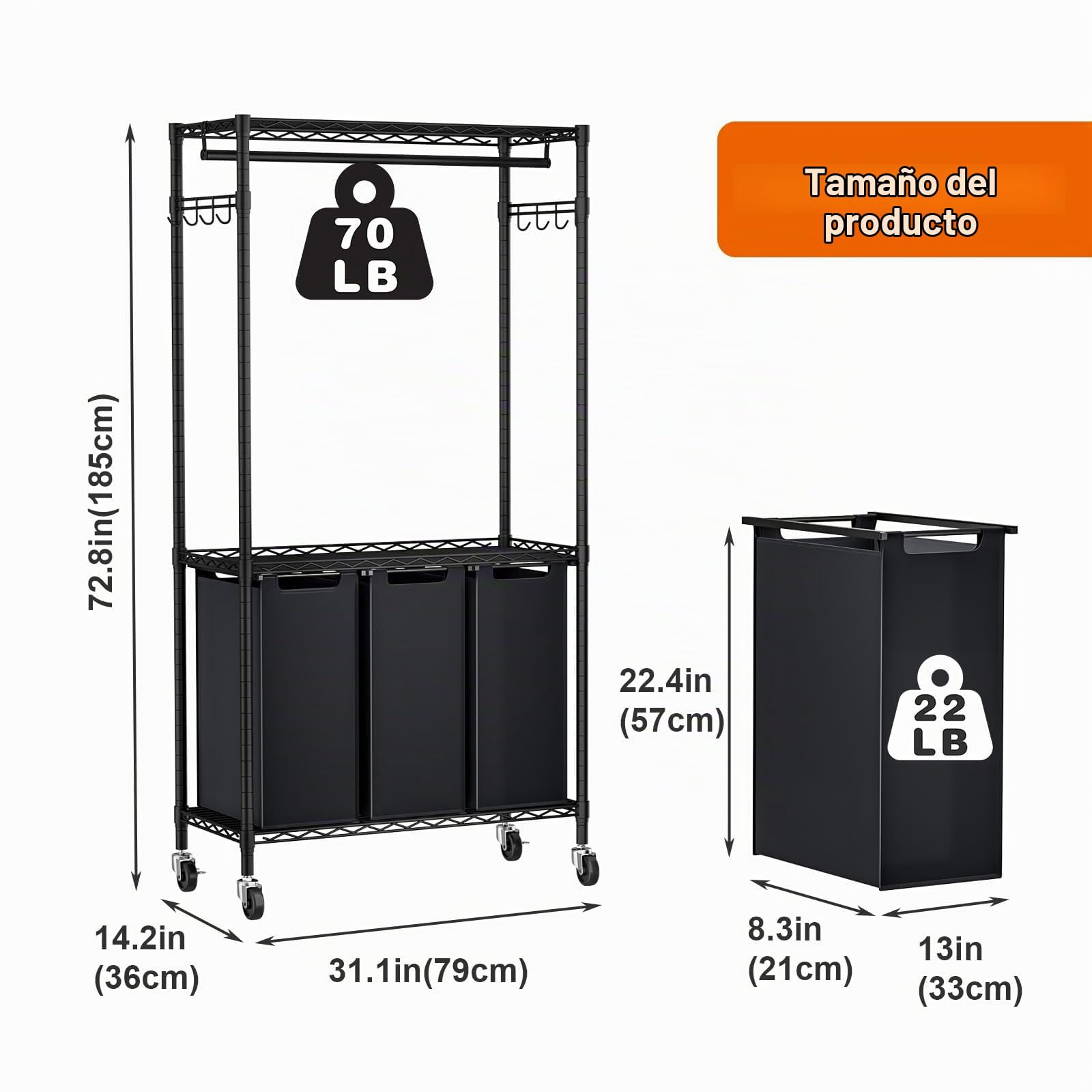 Carrito para Ropa Sucia con Ruedas, 3 Compartimentos | Barra para Colgar, Con Bolsas Desmontables, Ideal para Lavandería o Dormitorio, 79 × 36 × 185 cm, Negro
