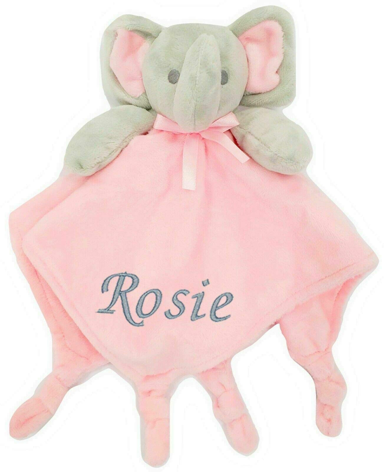 Personalised Baby Girl Boy Comforter Blanket Unicorn Elephant Bear (Pink Grey Elephant)