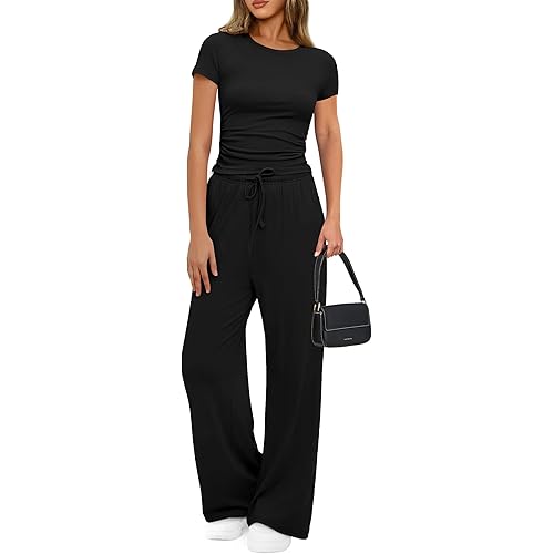 PRETTYGARDEN Womens 2 Piece Tracksuit Lounge Sets Short Sleeve Crop Tops High Waisted Wide Leg Pants