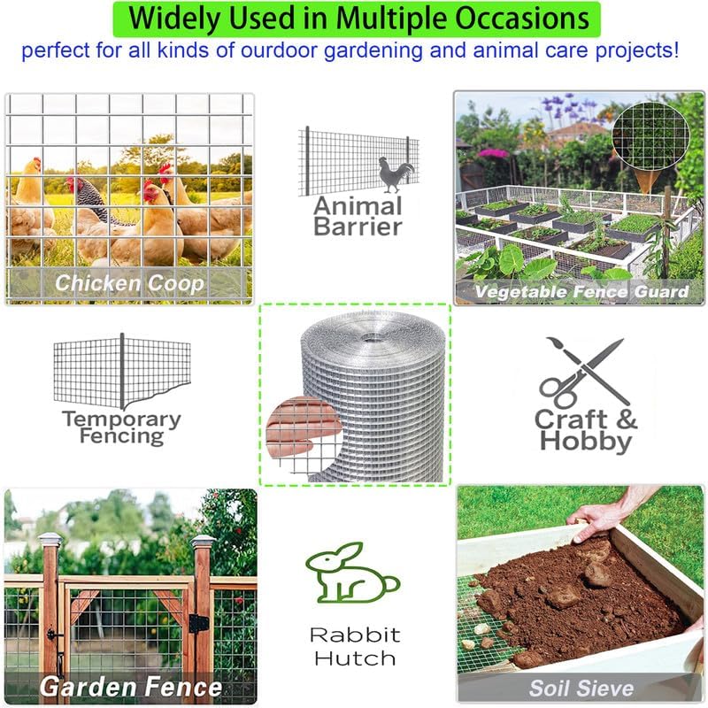 Hardware Cloth 1/2inch Hot-Dipped Galvanized After Welded 24in x 100ft Metal Fence Mesh Roll,19Gauge Square Chicken Wire Garden Plant Bed Fencing Chicken Coop Rabbit Animal Cage Wire Netting