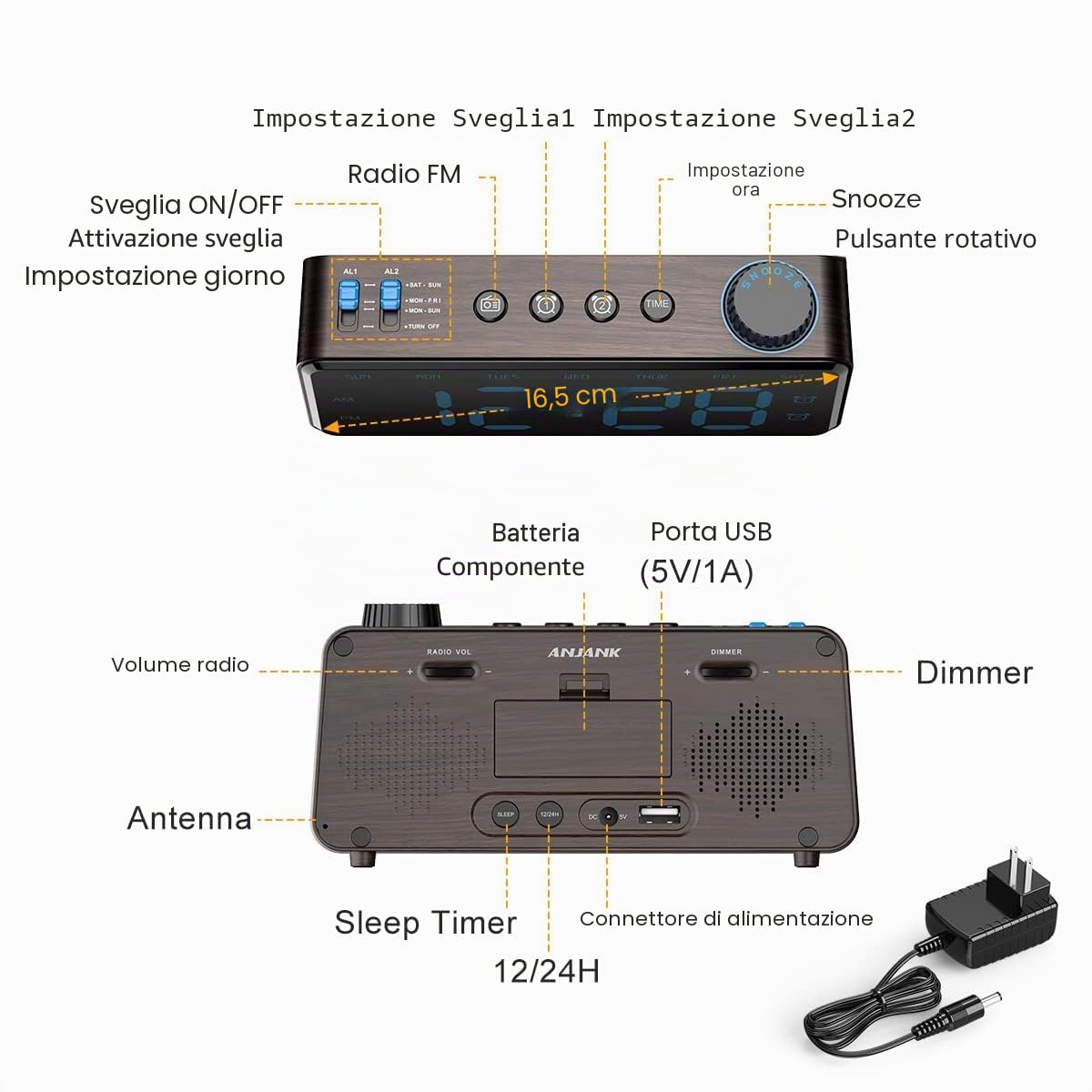 ANJANK Radiosveglia con Digitale - Doppio Sveglia con Giorno Della Settimana/Weekend,0-100% Dimmer,Porta USB,Snooze,Grande Display,Facile di Utilizzo,Orologio Digitale per Bambini/Adolescenti/Anziani