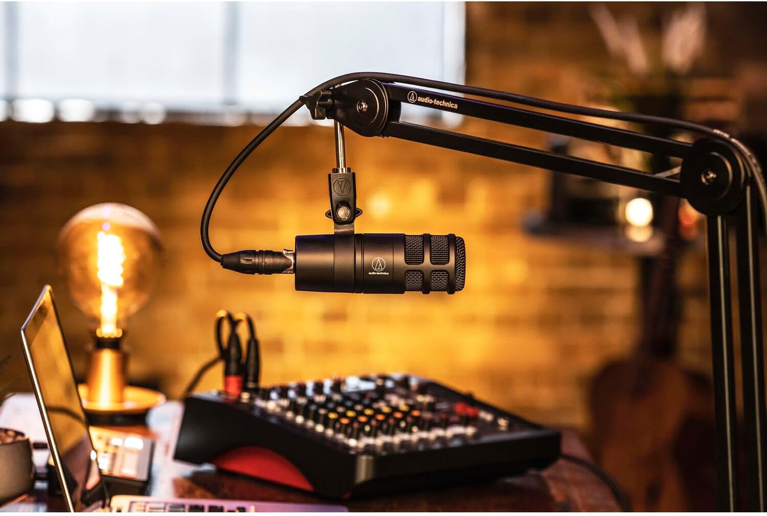 Audio-Technica AT2040 Dynamic Podcast Microphone with StreamEye Boom Arm Mic Stand with Desktop Mount, Detachable Clip, Professional Grade XLR Cable, Microphone Pop Filter, and Cable Ties