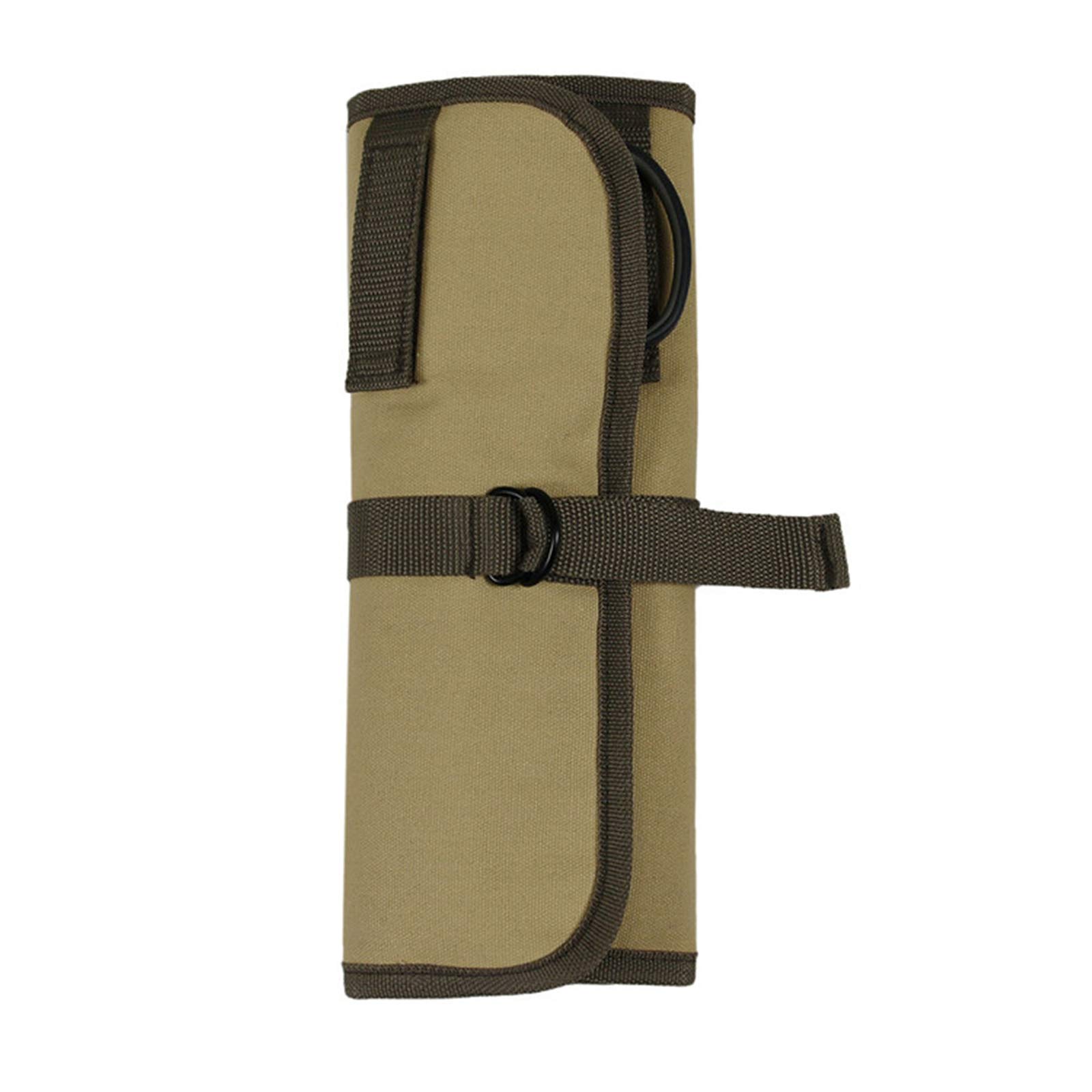 Pesine Khaki Cutlery Organizer Portable Multi Pocket Canvas Utensil Storage Holder Multi-Purpose Brush Roll Bag Travel Tool Roll Pouch For Camping Barbecue Flatware Hiking