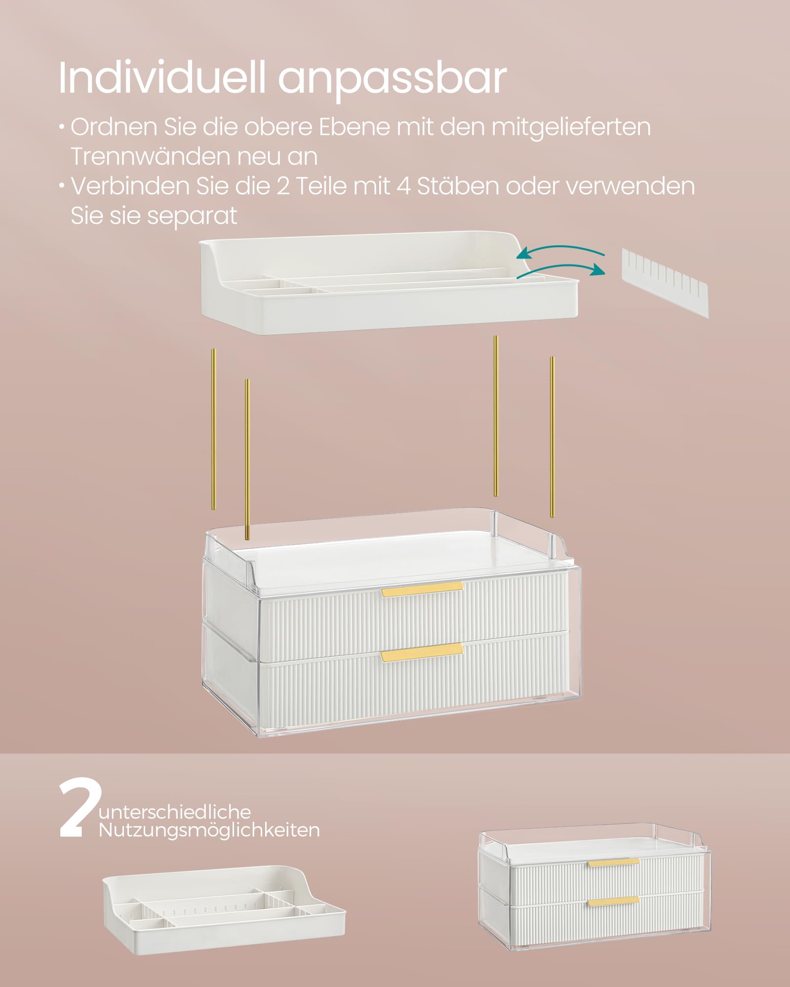 SONGMICS Make-up Organizer 4 Ebenen, Kosmetik-Organizer, 4 Trennwände, Make-up Box für Schminktisch, rutschfest, Badezimmer, Schlafzimmer, Küche, 20 x 32 x 39,1 cm, wolkenweiß JKA021W01 | Hautpflege-Organizer, 20 x 32 x 39,1 cm, Badezimmer-Theke, Waschtis