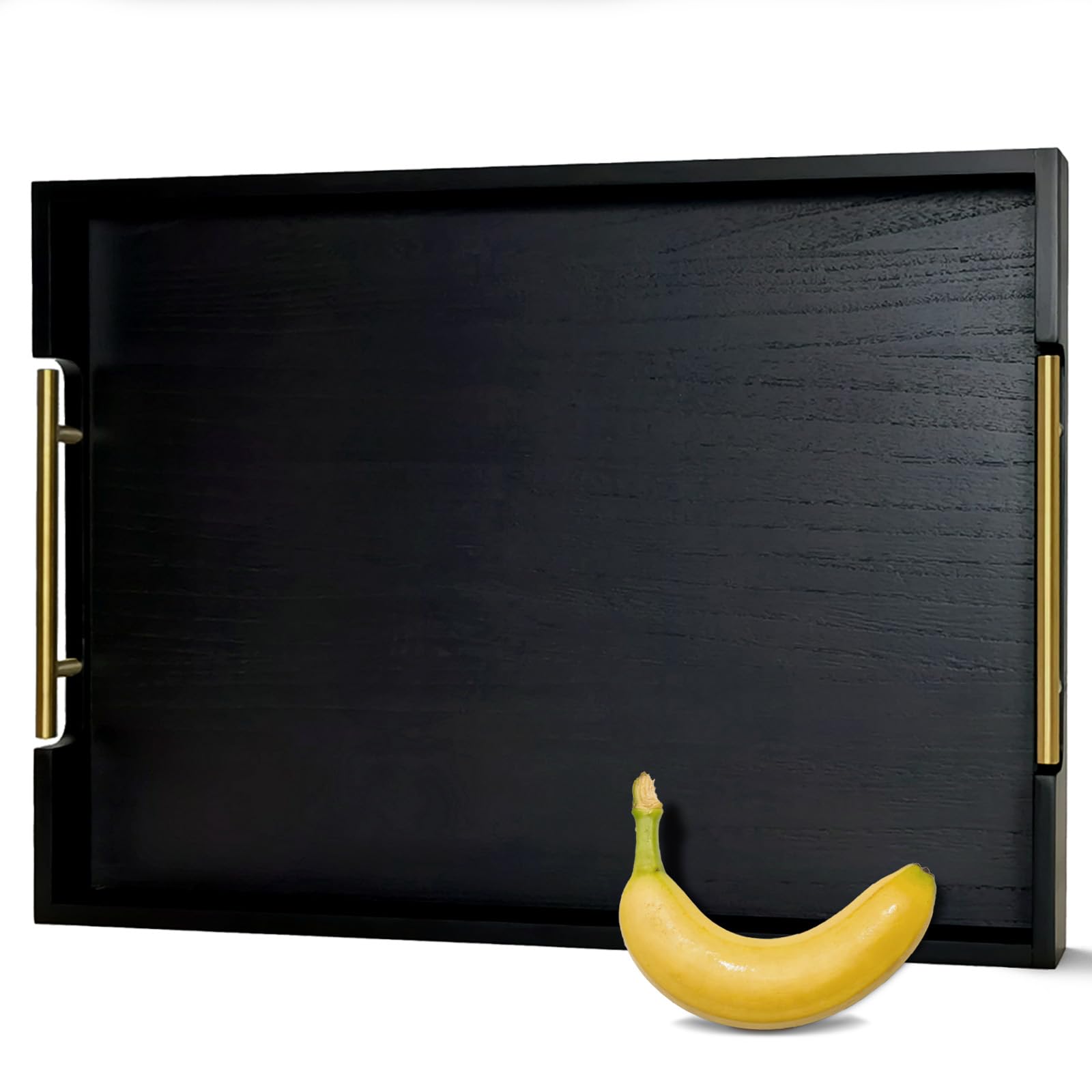 OurMiao 22" x 15.75" Wooden Serving Tray with Handles, Black Ottoman Tray