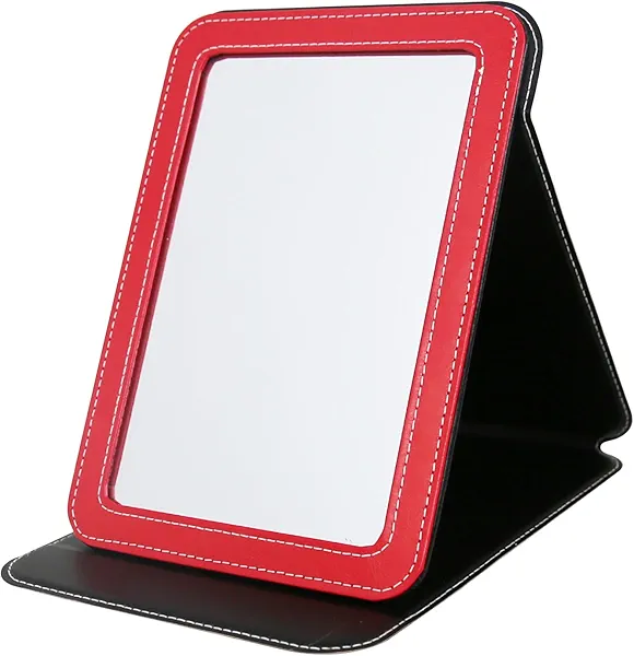 PDOZV Travel Mirror for Desk, 5.3×6.9” Adjustable Rectangle PU Edge Covering Red Foldable Desk Mirror with Stand for Travel Camping Home (Red)