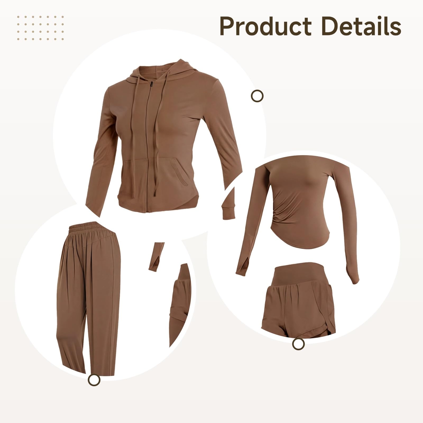 Conjunto de ropa deportiva de 5 piezas para yoga, incluye camisetas de manga larga, tela de poliéster y elastano transpirable, se adapta a mujeres de 5 pies 0 pulgadas a 5 pies 11 pulgadas, soporta