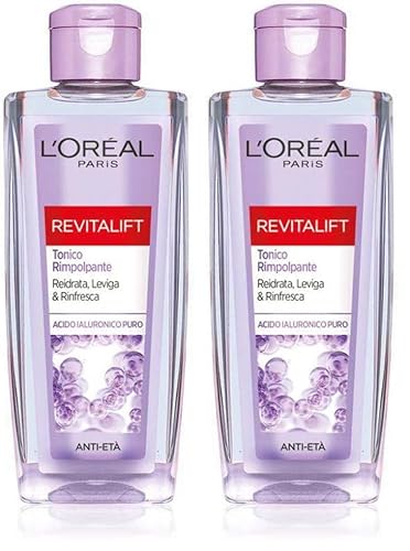 L'Oréal Paris Tonico Rimpolpante Revitalift Filler, Azione Detergente Anti-Età con Acido Ialuronico Puro, 200 ml (Confezione da 2)