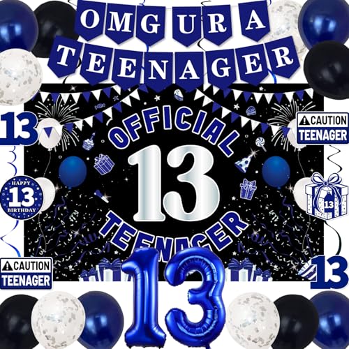 13th Birthday Decorations for Boys Girls Blue Black Omg Ur A Teenager Birthday Party Decorations Official 13 Teenager Backdrop Foil Balloons 13 Banner Balloons Hanging Swirls Birthday Card Set