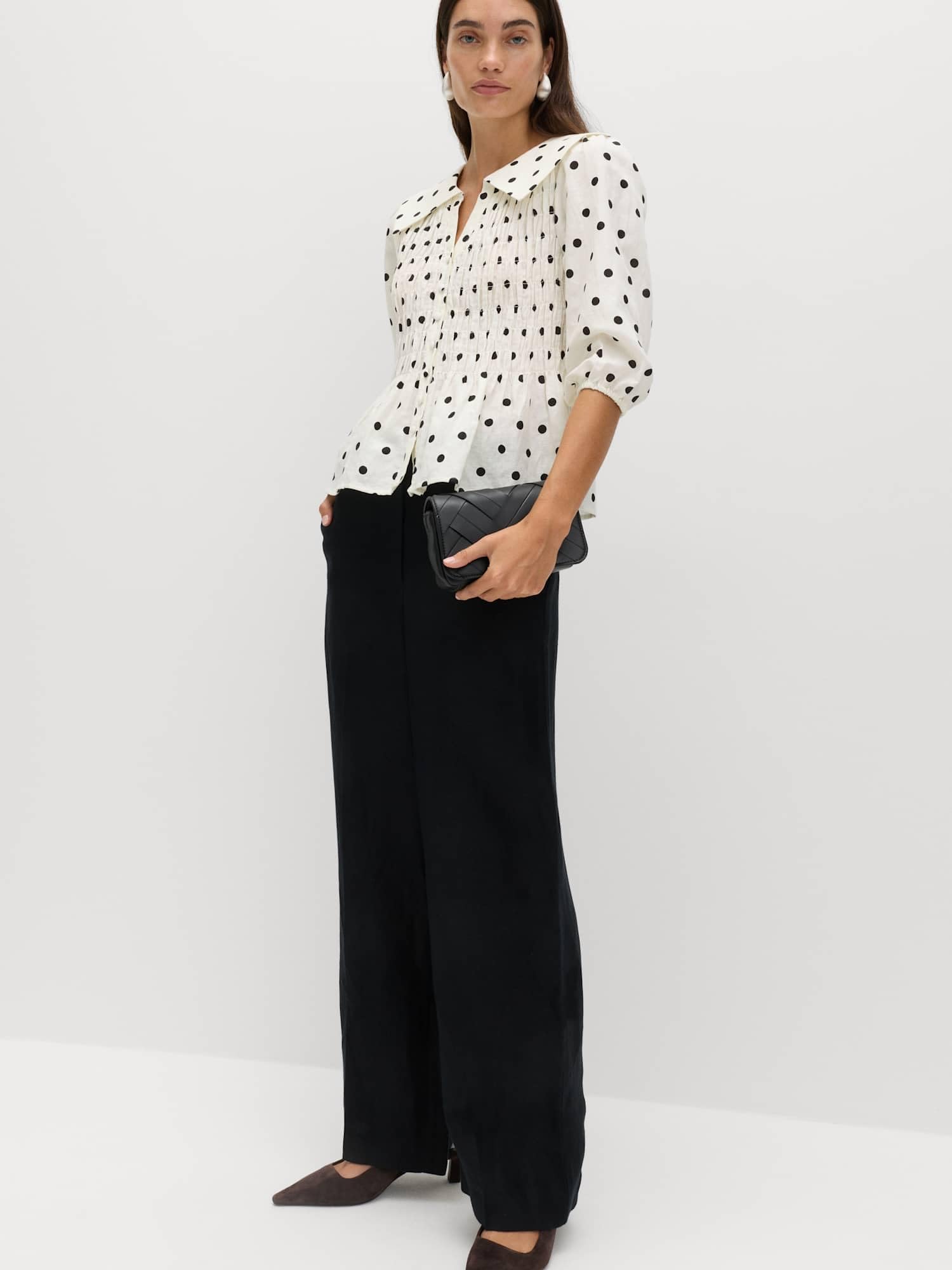Marks & Spencer Donna Ricco di Lino a Pois Arricciato Camicetta – Aderente – Orlo Peplum – Maniche Corte
